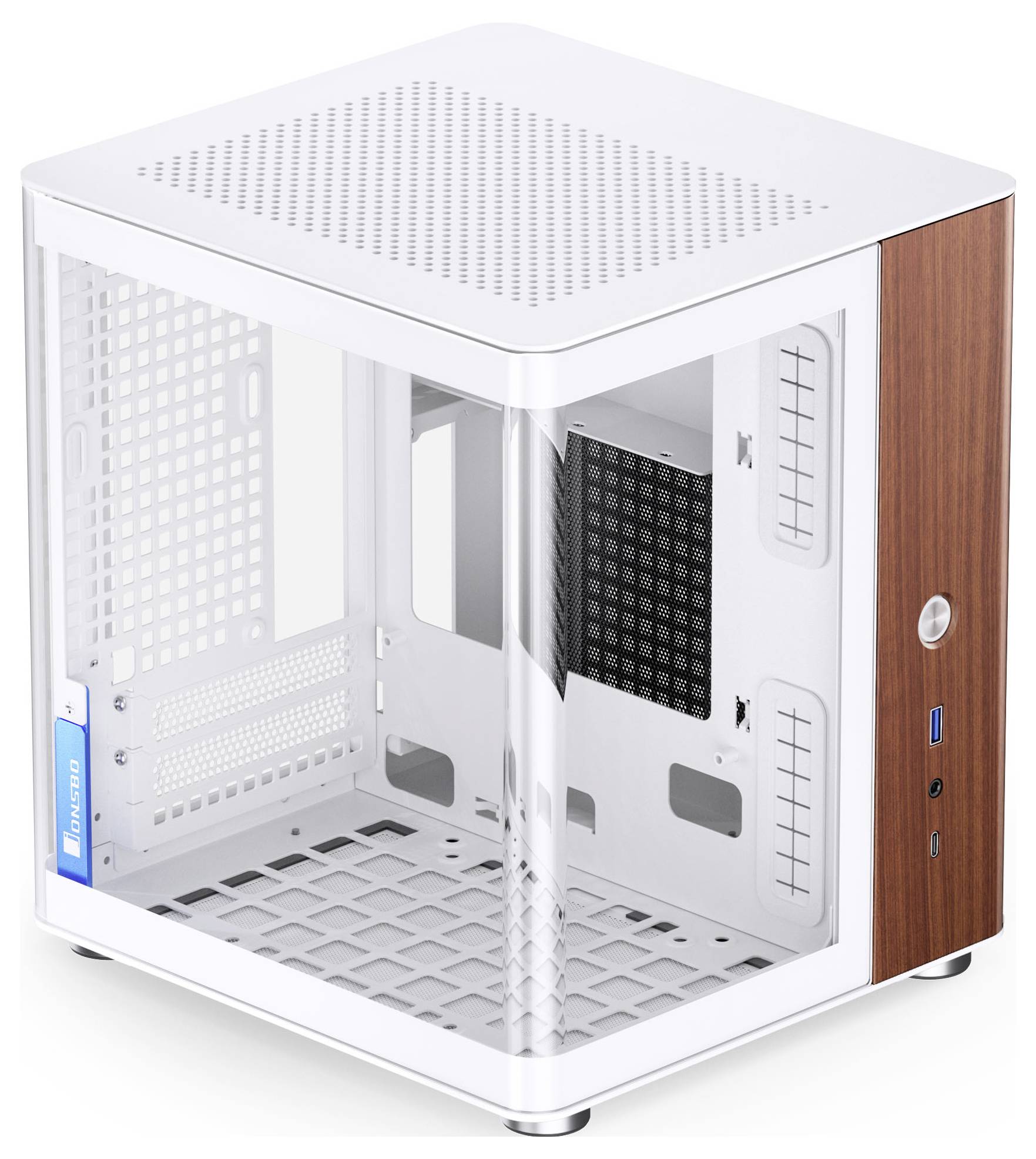 Ein weiß und holzakzentuiertes Computergehäuse mit einem transparenten Seitenfenster, das leere interne Fächer für Komponenten und Anschlüsse zeigt.