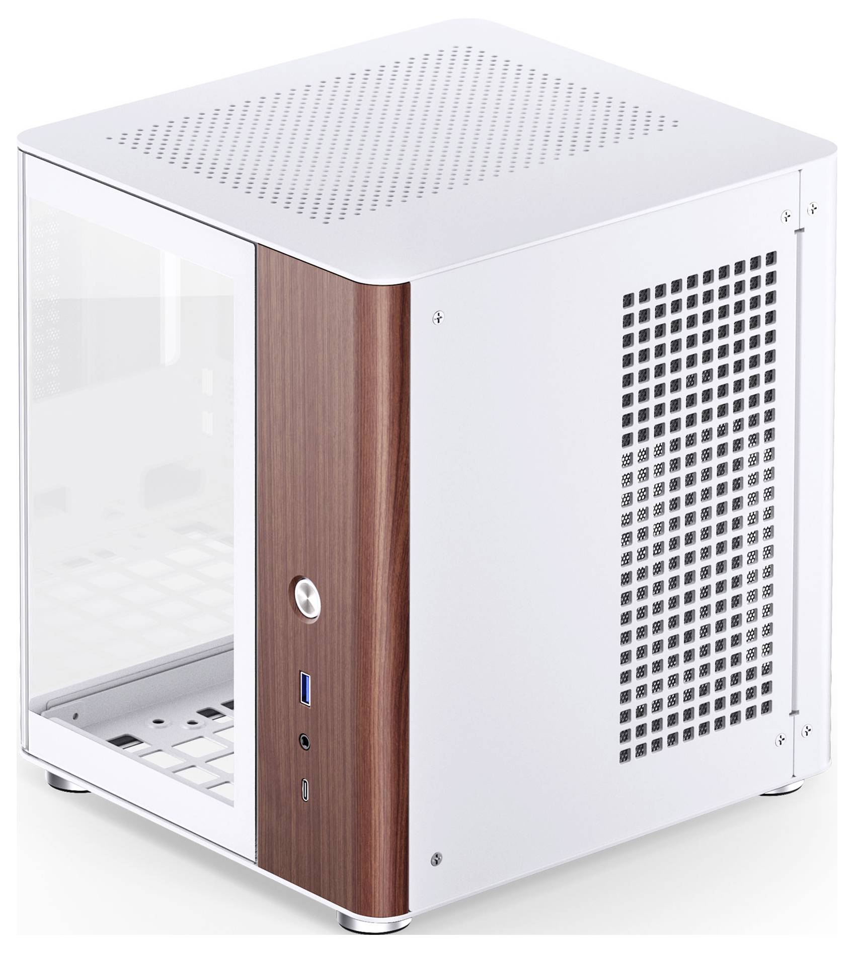 Ein schlankes, würfelförmiges Computergehäuse mit einem Seitenpanel aus Glas, versehen mit Holzakzenten und Lüftungsgittern auf der Ober- und Seitenseite.
