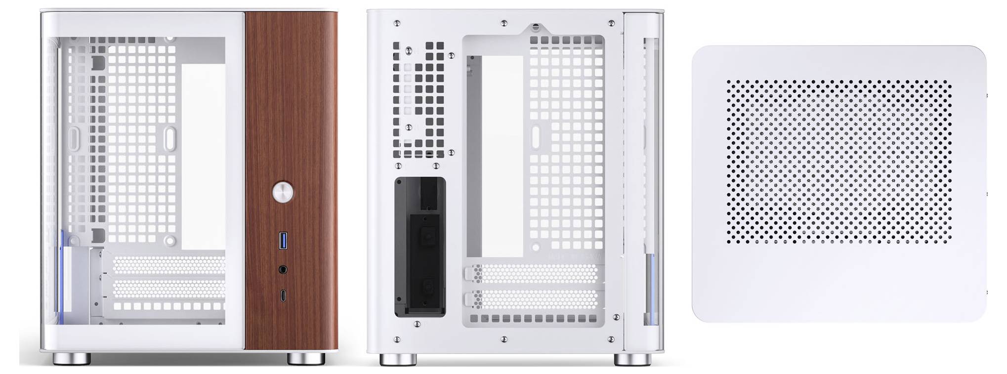 Ein schlankes, minimalistisches Computergehäuse mit Holzverkleidung und Metallgitterdesign, das Front-, Seiten- und Draufsichtsperspektiven zeigt.