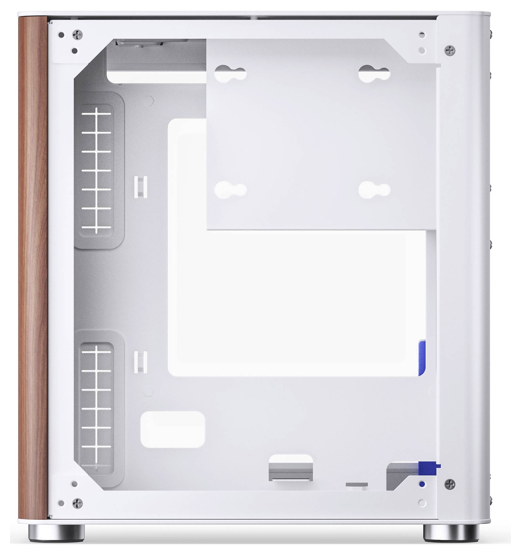 Ein weißes Computergehäuse mit einem Holzseitenpanel, offenem Innenraum mit Einbauslots und Kabelmanagement-Funktionen. Keine Komponenten installiert.