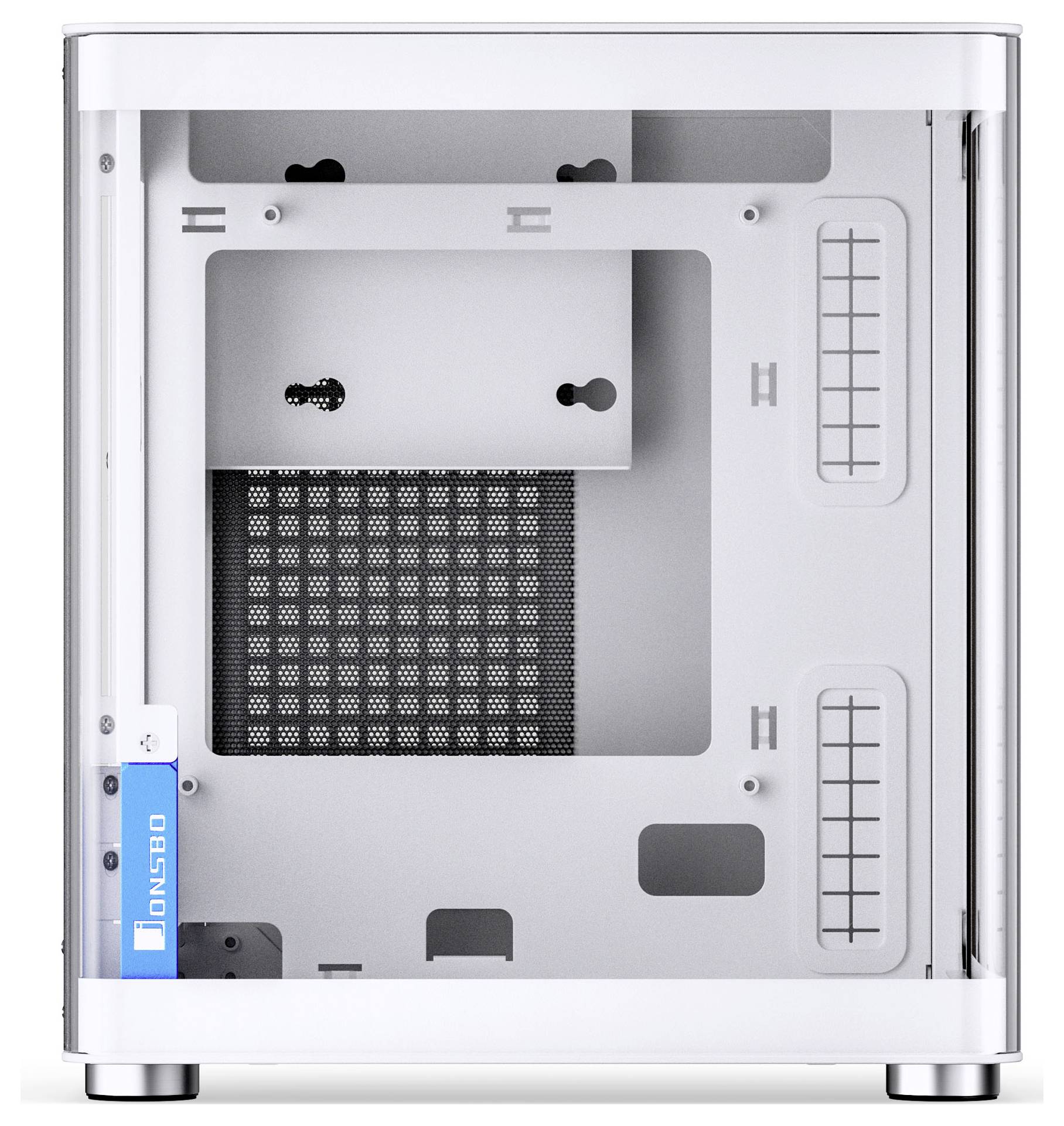 Ein weißes Computergehäuse mit transparenten Seiten, das den Innenraum für Komponenten sichtbar macht. Es ist ein blaues Logo zu sehen, auf dem 