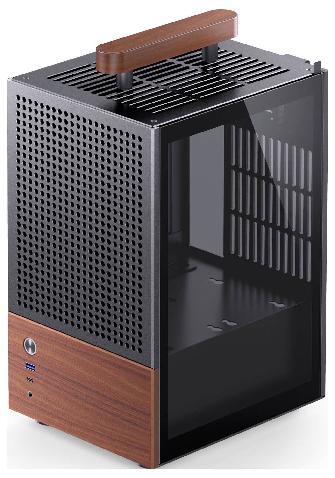 Ein Computergehäuse mit einer Holzbasis, schwarzen perforierten Metallseiten, einem Tragegriff oben und einem transparenten Glaselement an der rechten Seite.