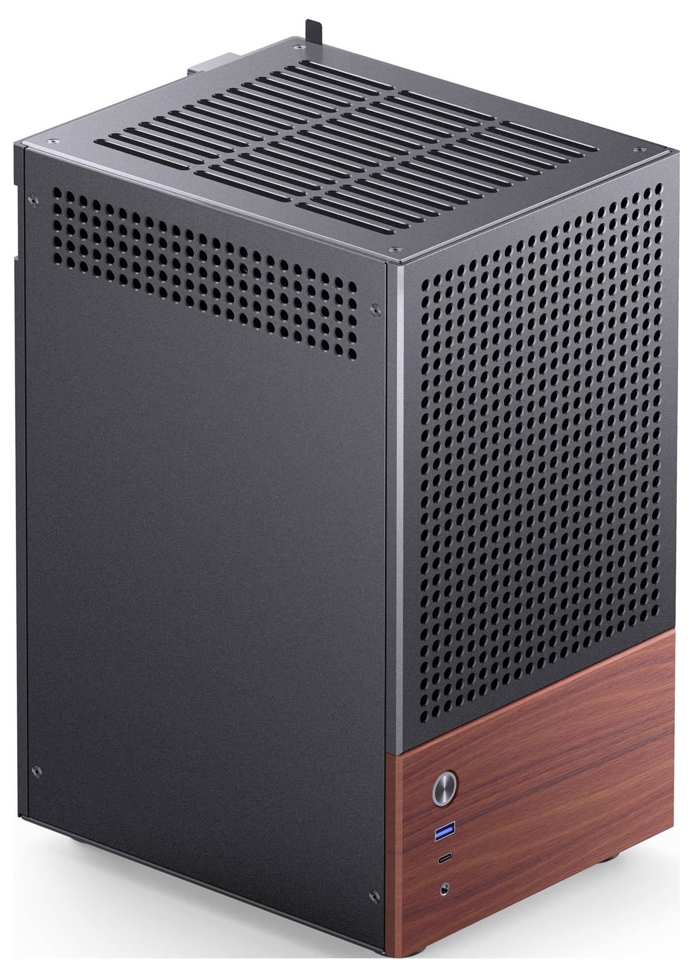 Ein schlankes, hohes Computergehäuse mit Belüftungslöchern, ausgestattet mit einem Metalldeckel und einem Holzpanel an der Basis mit USB-Anschlüssen für Konnektivität.