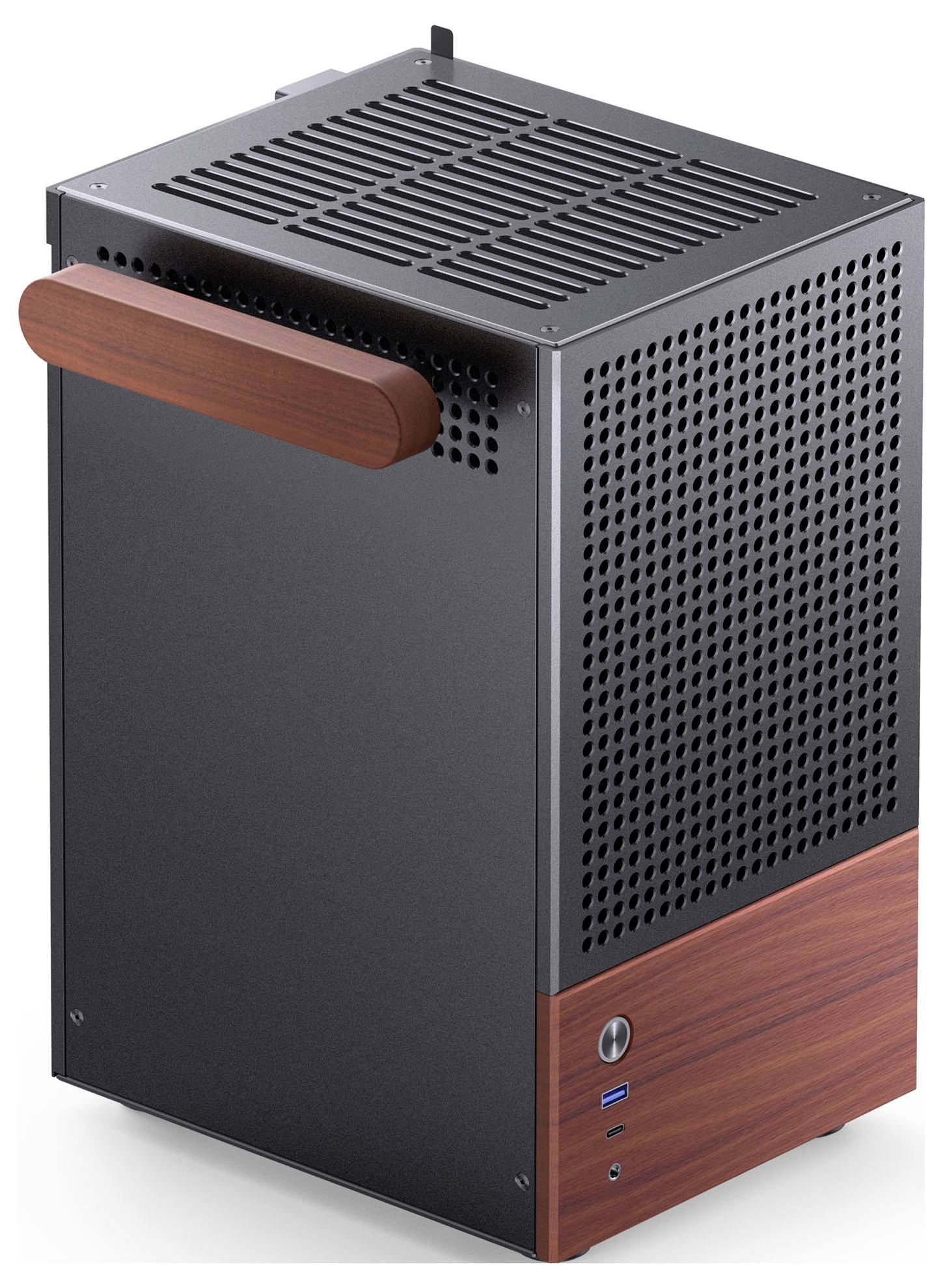 Ein kompakter Computer-Tower mit einem belüfteten schwarzen Metallgehäuse, versehen mit einem Holzgriff und einer Holzbasis sowie USB-Ports an der Vorderseite.