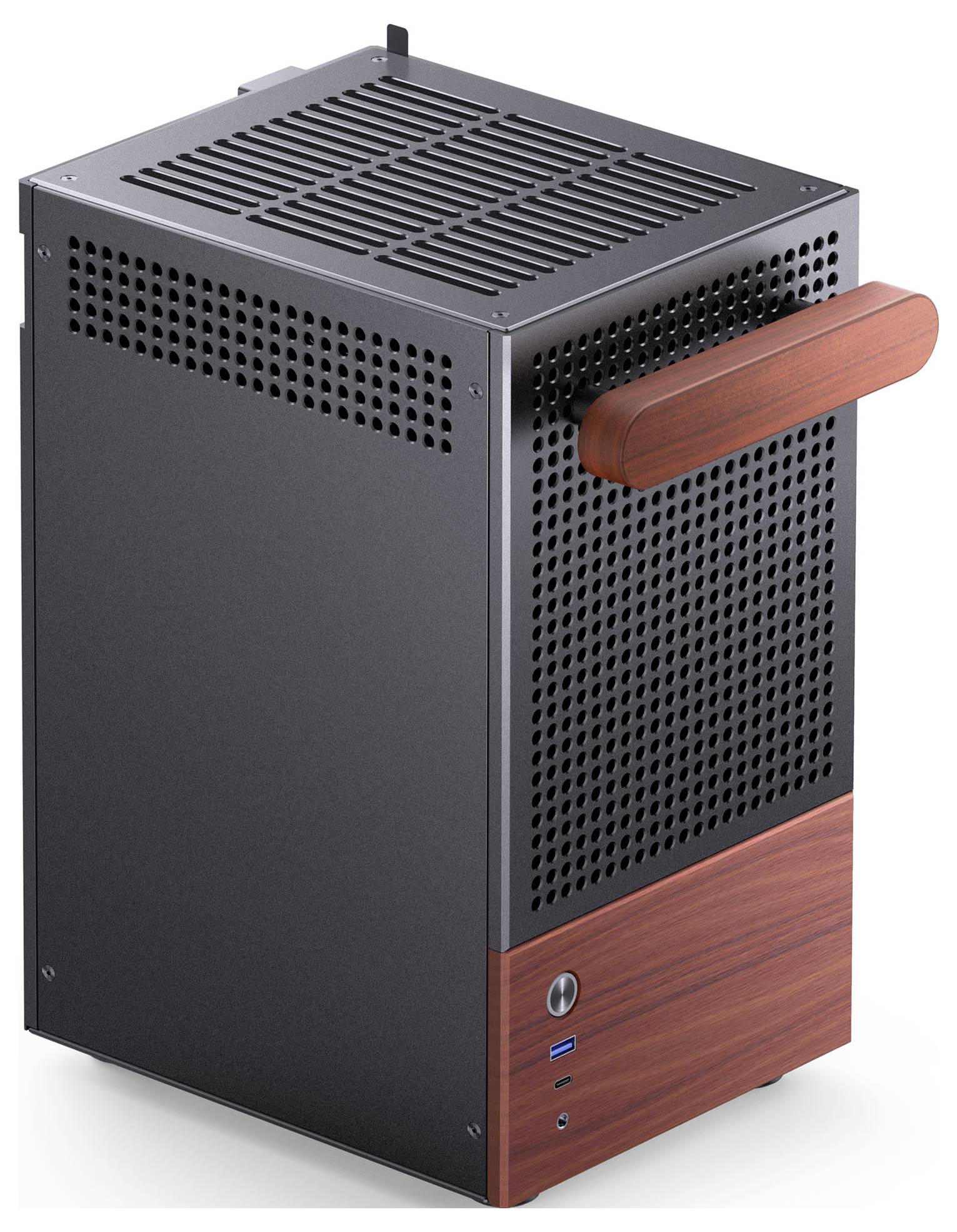 Ein schwarzer rechteckiger Computertower mit einer Holzbasis und einem Griff, ausgestattet mit vorderen USB-Anschlüssen und Lüftungslöchern an den Seiten.