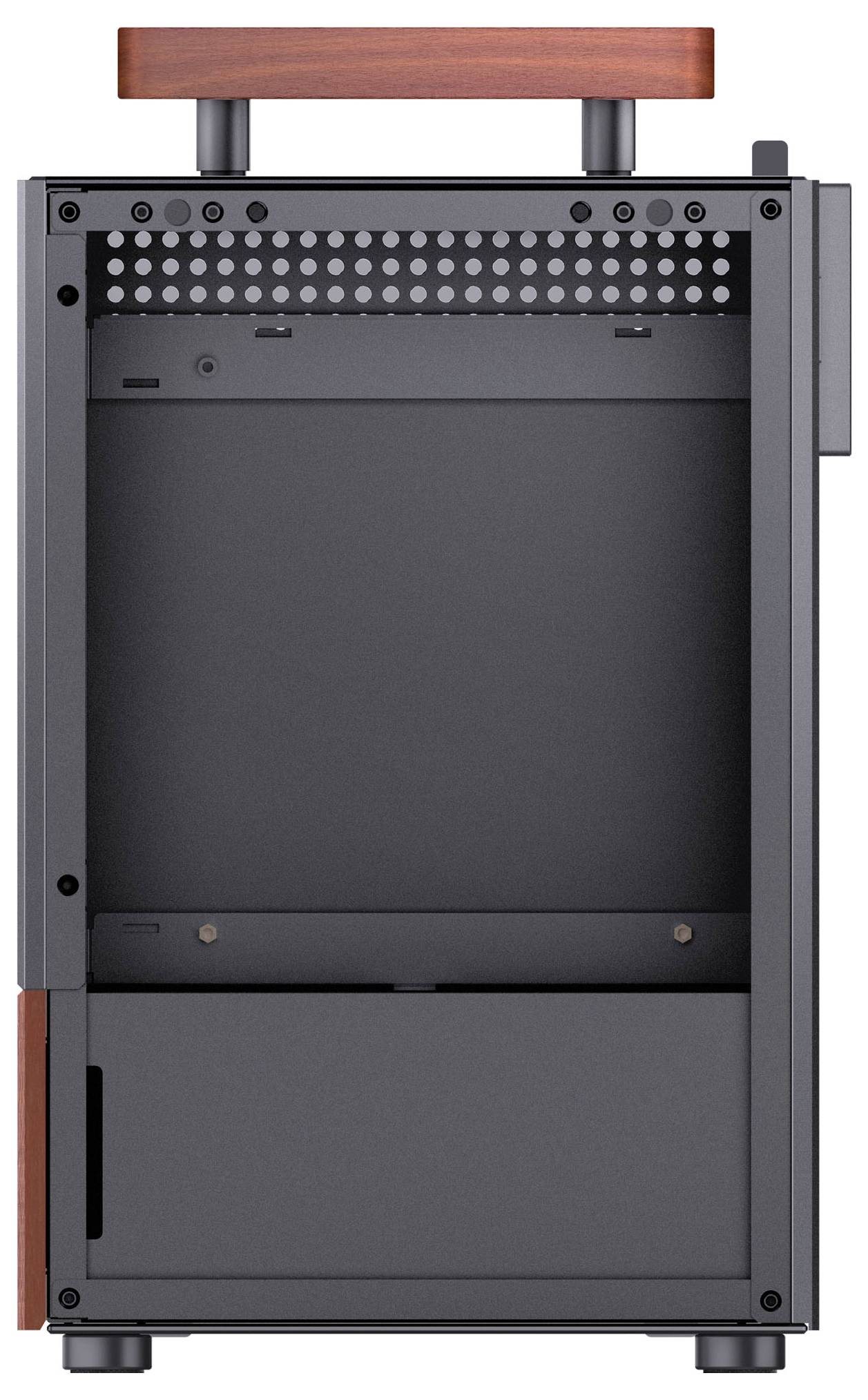 Das Bild zeigt ein vertikales Computer-Tower-Gehäuse mit Holzgriffen und offenen Fächern für Komponenten, wobei ein Zusammenspiel aus moderner und rustikaler Gestaltung betont wird.