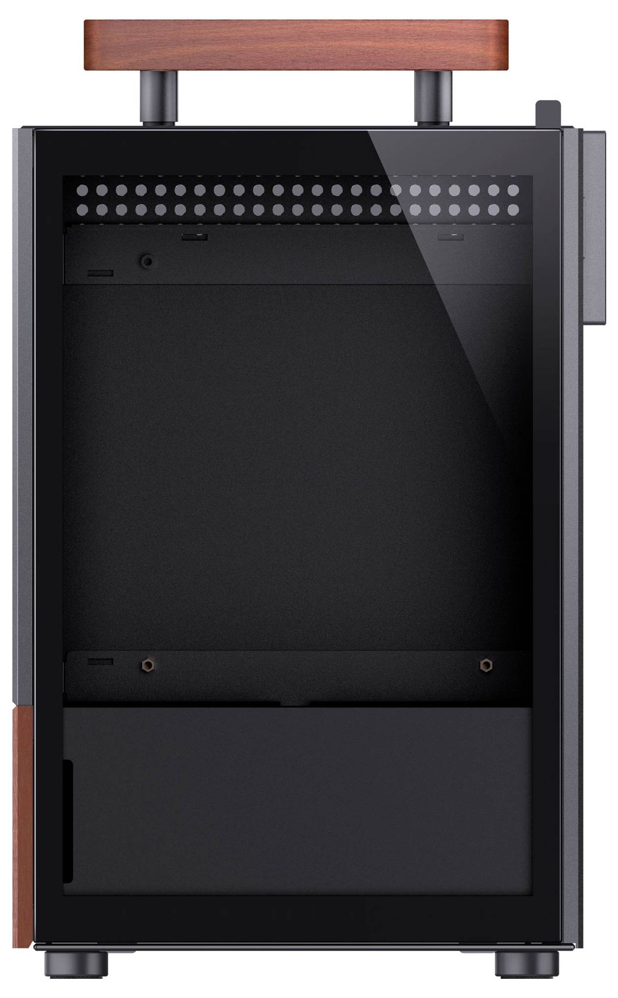 Ein schwarzes rechteckiges Computergehäuse mit transparentem Seitenfenster, offener Frontseite und Holzakzent am oberen Griff, von vorne betrachtet.