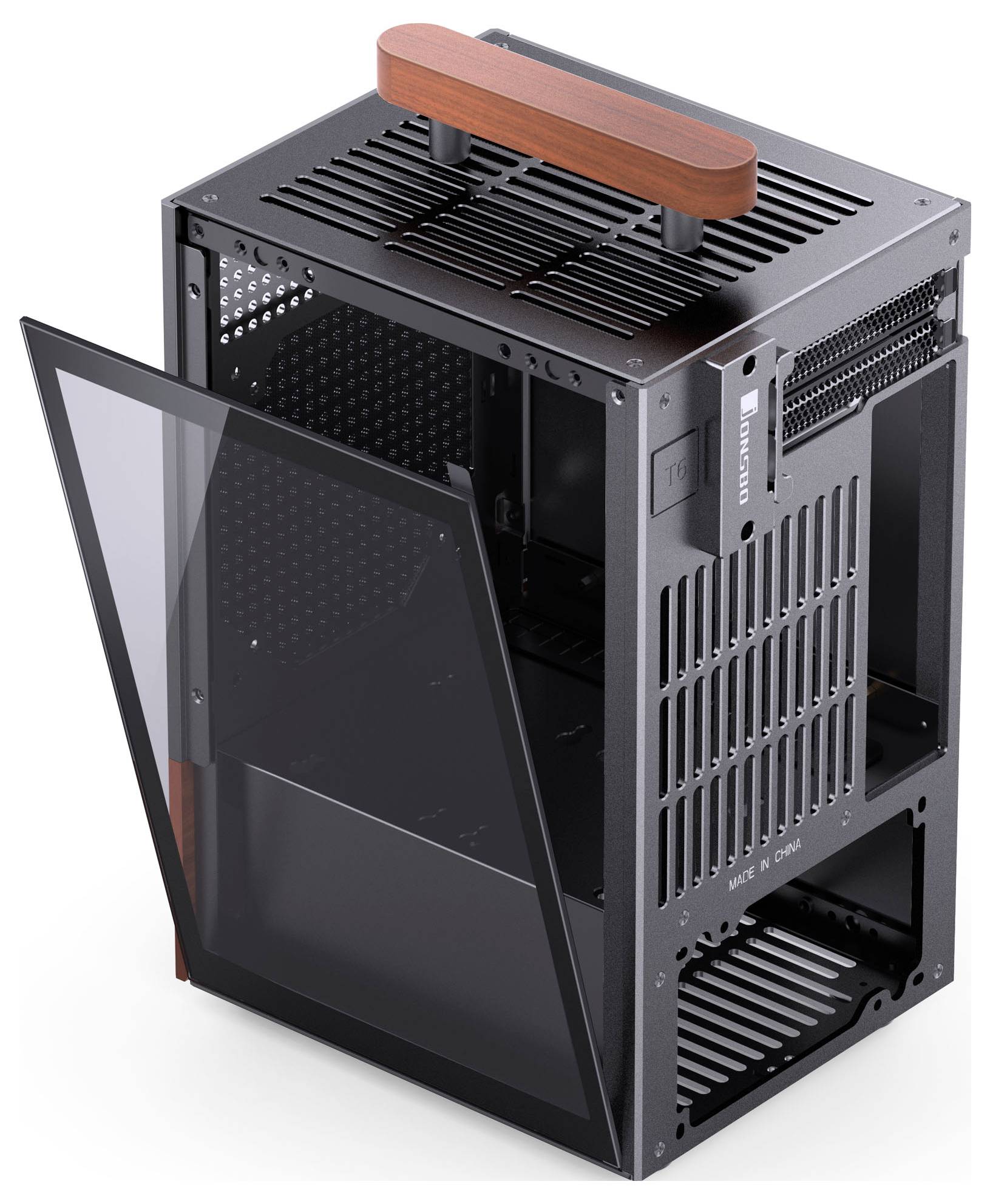 Ein schwarzes, offenes Computergehäuse mit einem Holzgriff oben, das eine transparente Seitentür aufweist.