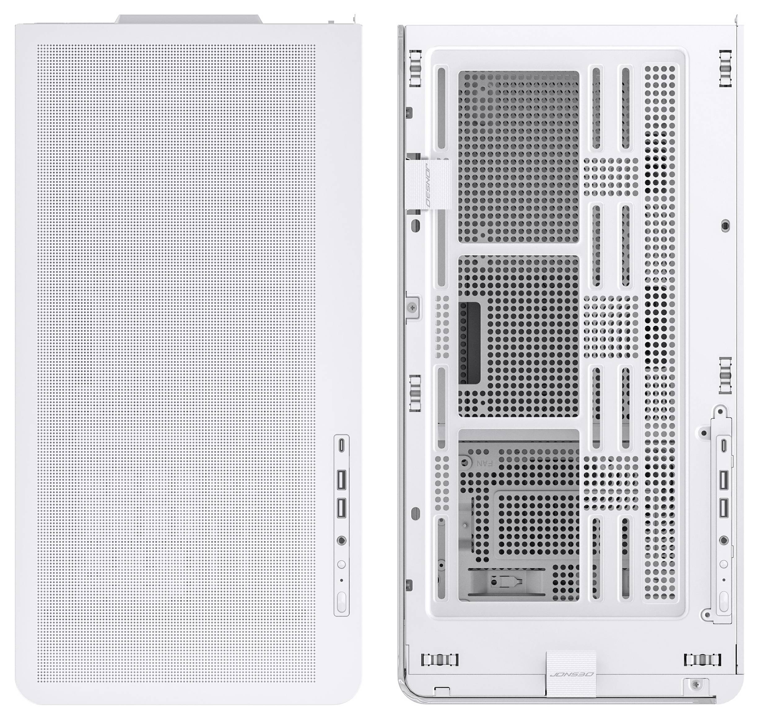 Zwei Ansichten eines weißen Computer-Gehäuses mit Mesh-Front, die die Vorderseite und das offene Seitenpanel mit Belüftungslöchern, USB-Anschlüssen und Einschalttasten zeigen.