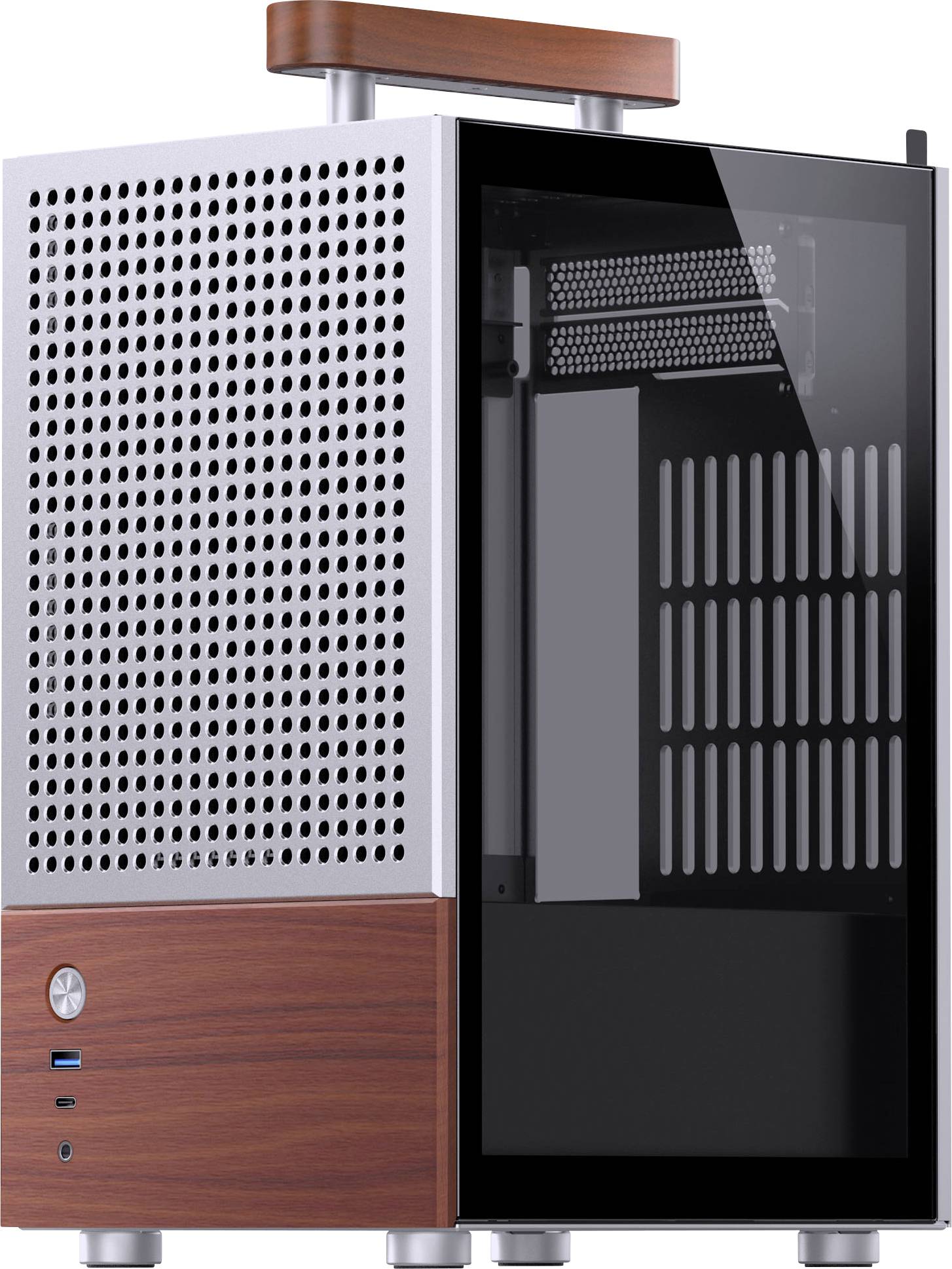 Ein kompakter, rechteckiger Computergehäuse mit einer gelochten Metallplatte und einer Glasseite, versehen mit Holzakzenten und silbernen Füßen.