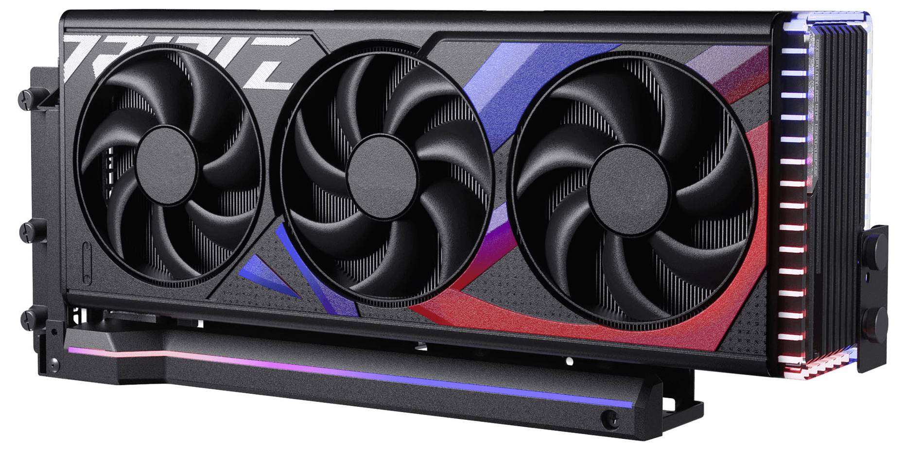 Eine Grafikkarte mit drei Lüftern und roten sowie blauen Akzenten ist in einem Winkel positioniert und zeigt ihr Kühlsystem und LED-Beleuchtung.