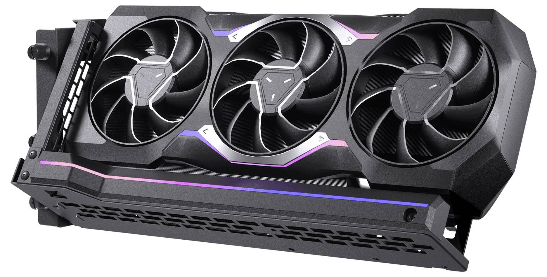 Eine schwarze Grafikkarte mit drei Kühlventilatoren und violetten LED-Beleuchtungsakzenten.