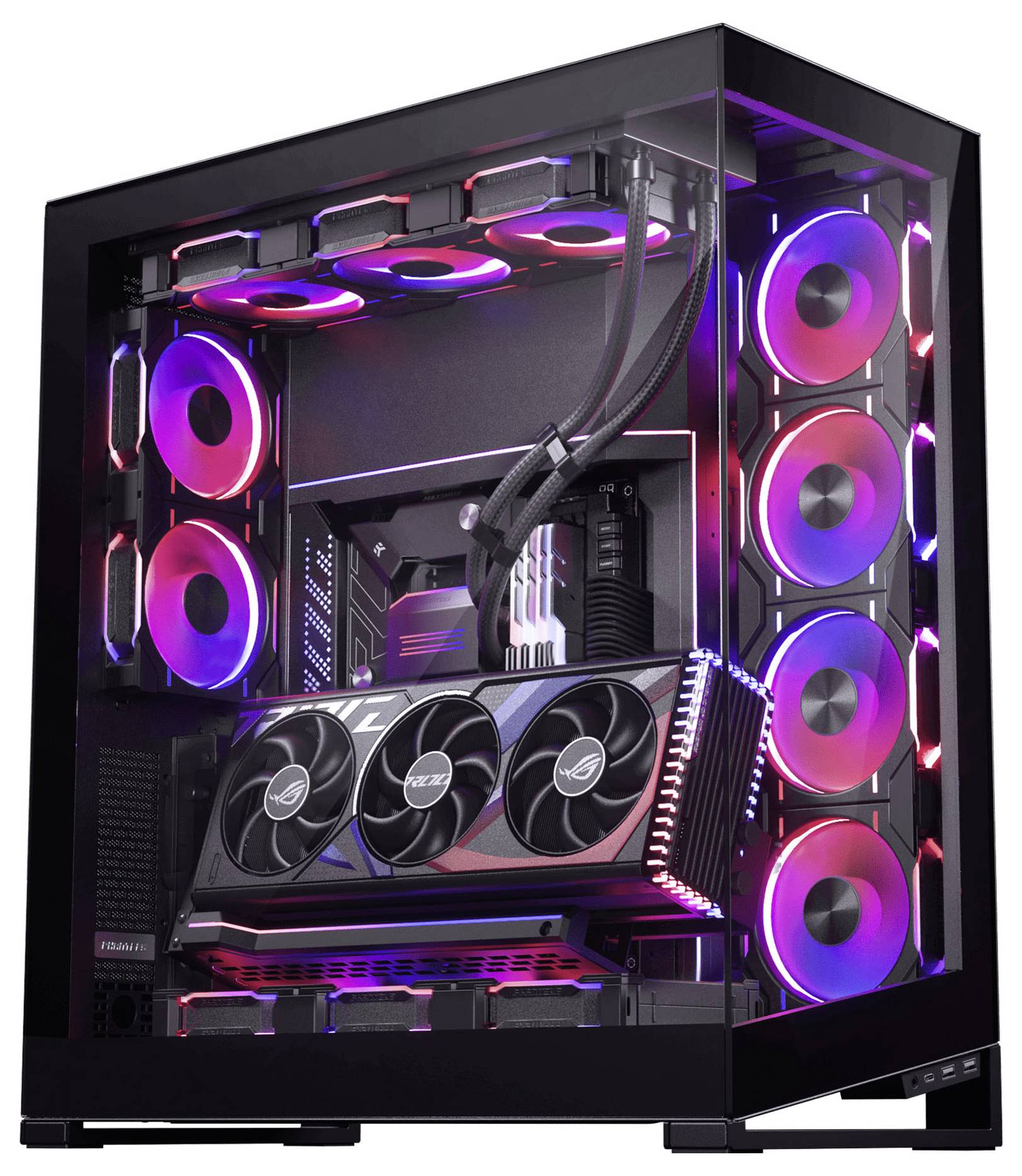 Ein schwarzer Gaming-PC-Tower mit transparenten Panels zeigt RGB-beleuchtete Kühlventilatoren und eine High-End-Grafikkarte im Inneren, die mit roten und blauen Lichtern leuchtet.
