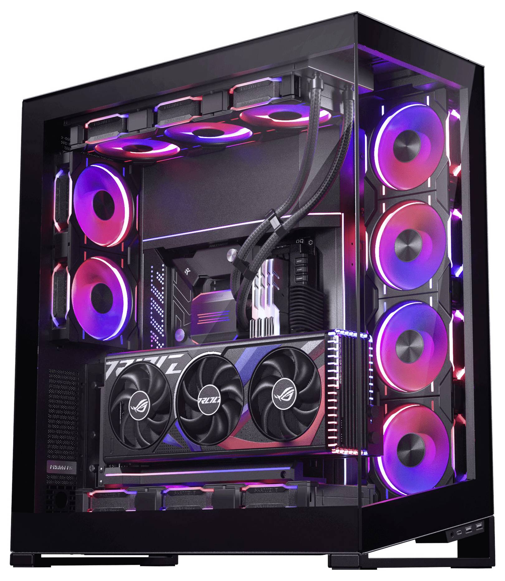 Ein Gaming-PC mit transparentem Gehäuse, das beleuchtete Kühlventilatoren und eine Grafikkarte im Inneren zeigt.