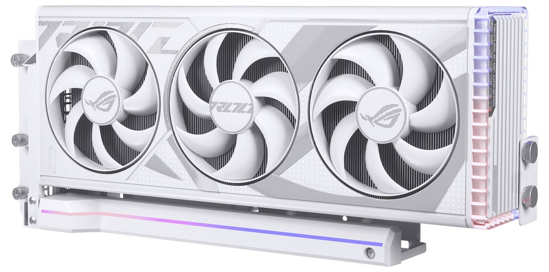 Eine weiße Grafikkarte mit drei Kühlventilatoren und RGB-Beleuchtung an der Seite, die ein schlankes und modernes Design aufweist.