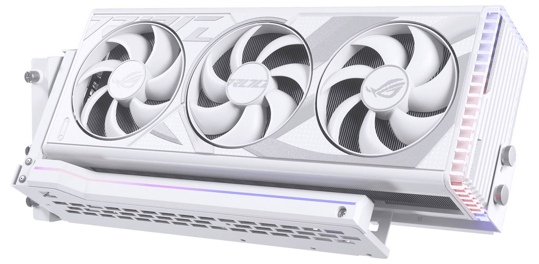 Eine weiße Grafikkarte mit drei großen Kühlventilatoren und RGB-Beleuchtung. Sie trägt Markenbeschriftung und ist für Hochleistungsrechnen konzipiert.