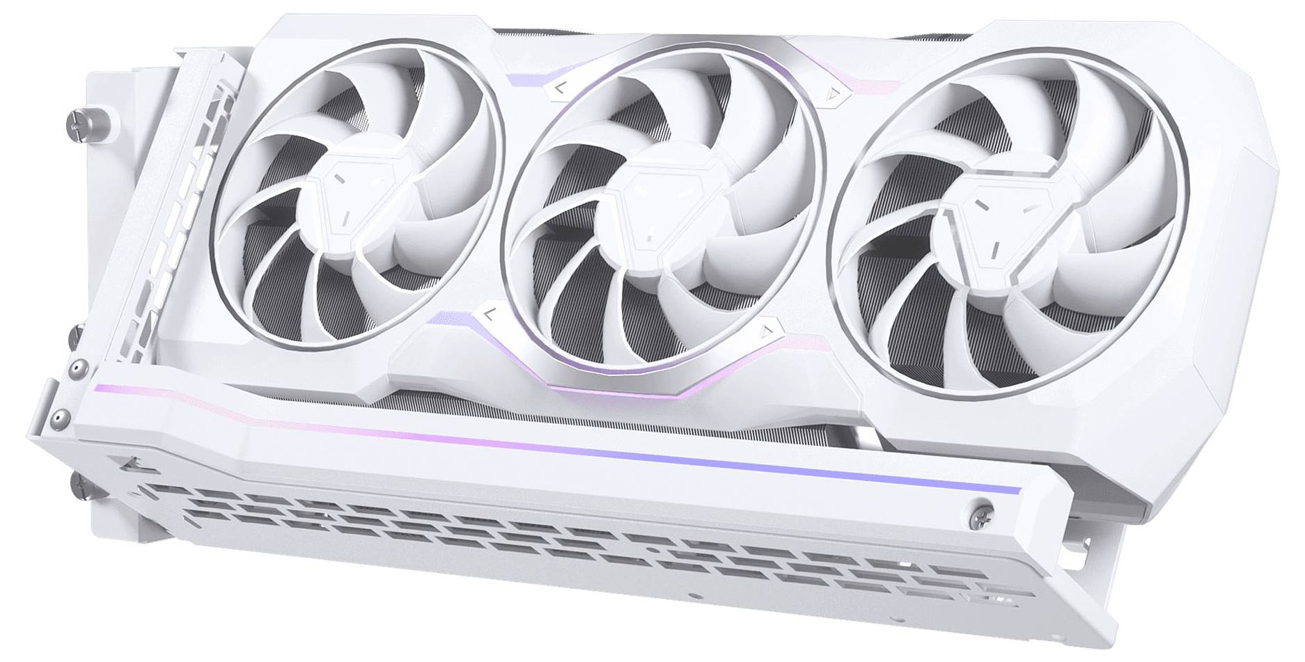 Eine weiße Gaming-Grafikkarte mit drei großen Kühlventilatoren und RGB-Beleuchtungsakzenten, die für High-Performance-Computing entwickelt wurde.