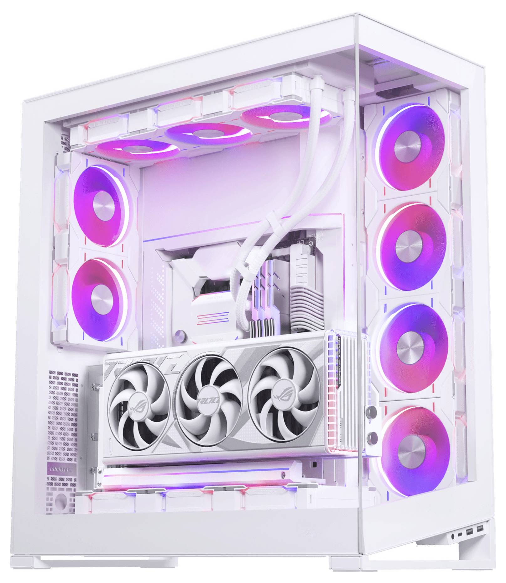 Ein weißer Gaming-PC mit RGB-Beleuchtung, ausgestattet mit mehreren Kühlventilatoren und einer großen Grafikkarte, alles in einem transparenten Gehäuse untergebracht.