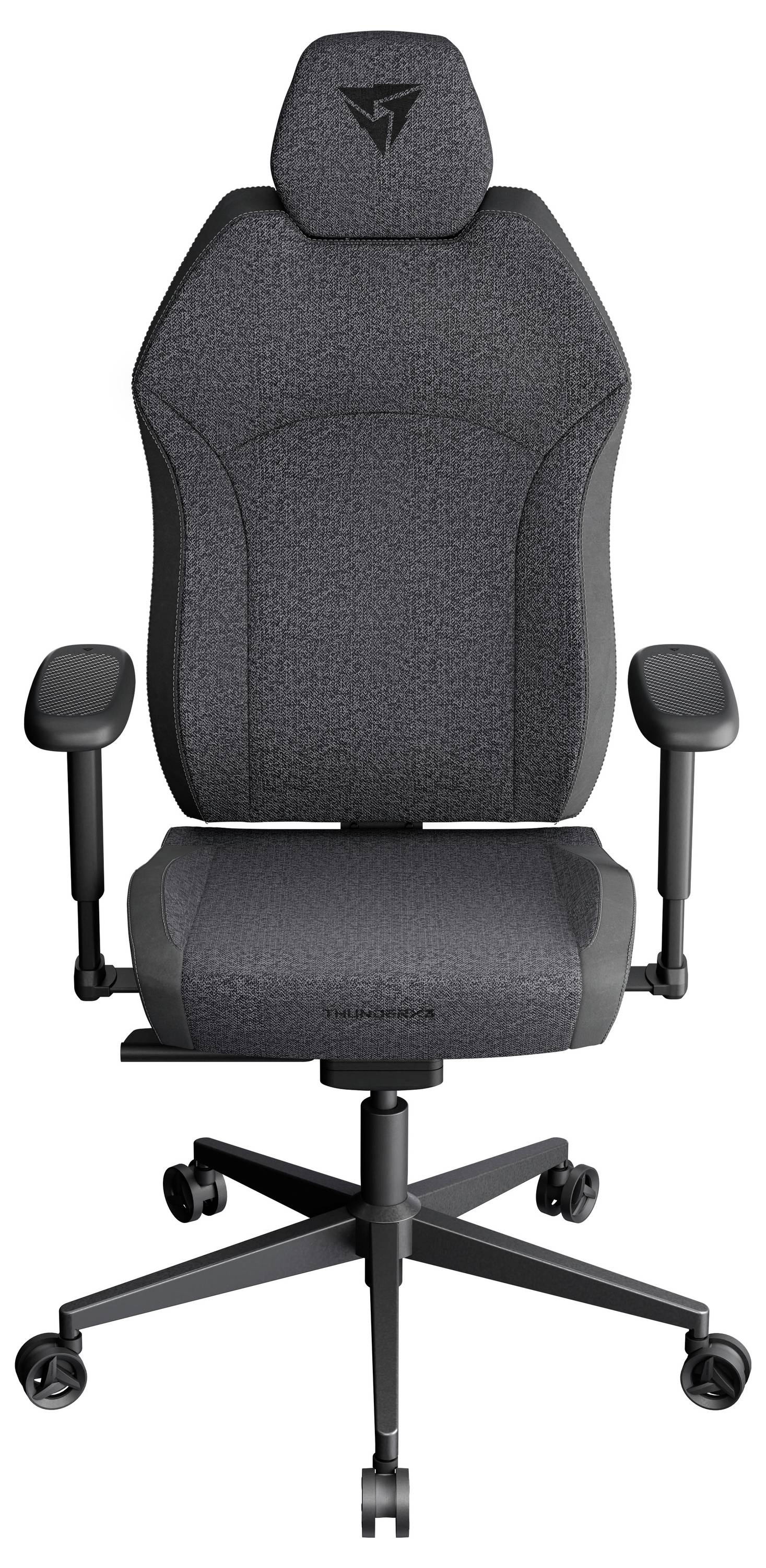 Ein dunkelgrauer ergonomischer Bürostuhl mit verstellbaren Armlehnen und hoher Rückenlehne, ausgestattet mit einer Kopfstütze mit Logo.