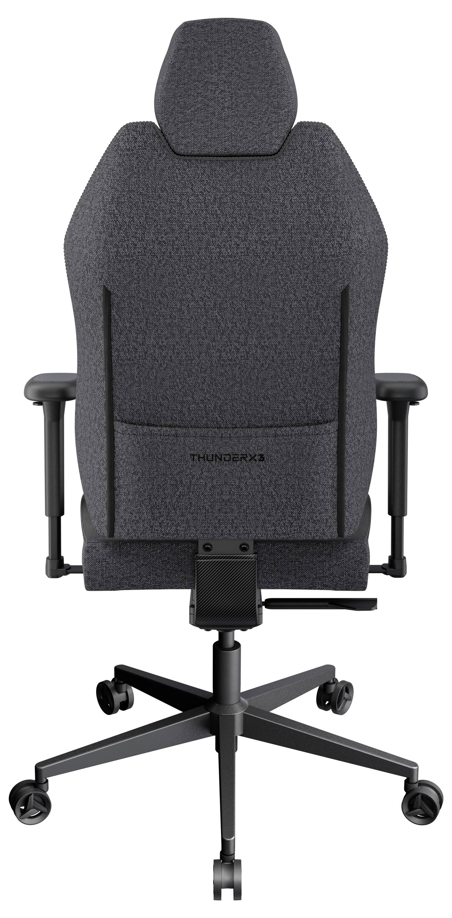 Ein dunkelgrauer ergonomischer Bürostuhl mit Armlehnen, Kopfstütze und fünf Rollen, von hinten betrachtet.