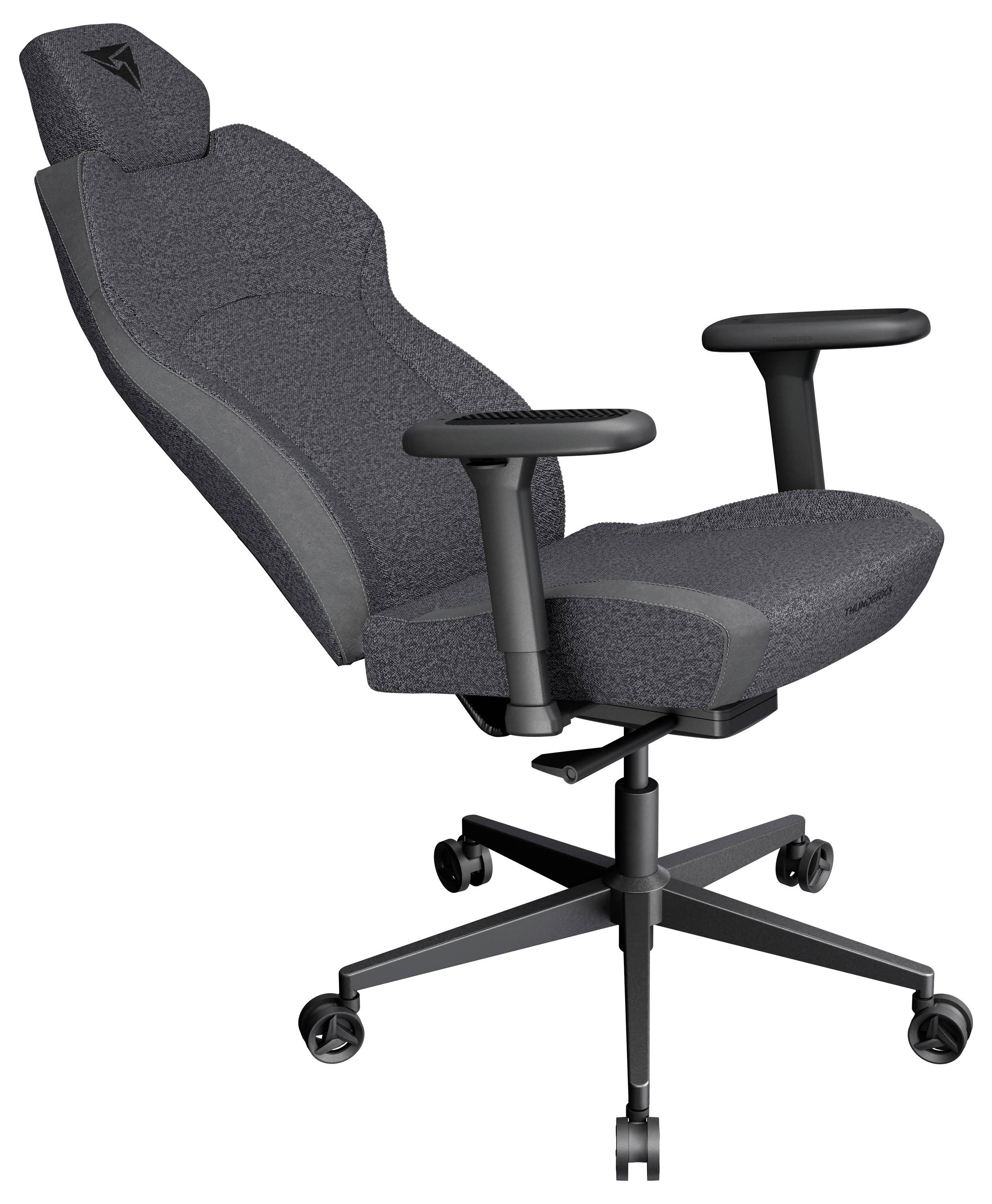 Ergonomischer grauer Bürostuhl mit verstellbaren Armlehnen und Rollen, entwickelt für Komfort und Unterstützung während langer Sitzphasen.