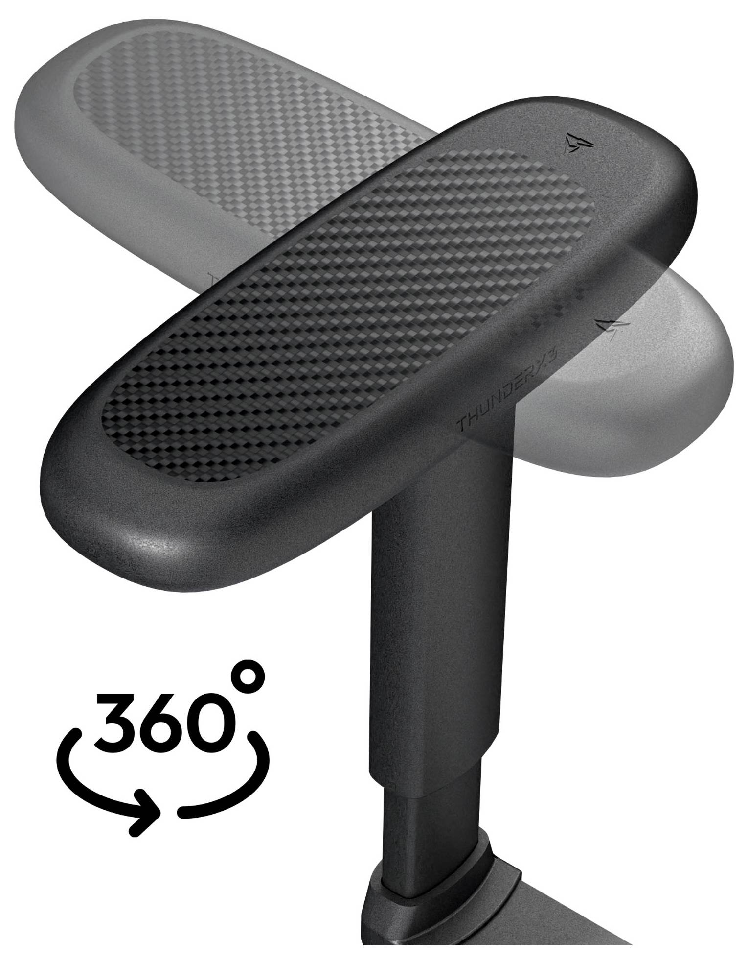 Ein Bürostuhl-Armlehne demonstriert ihre 360-Grad-Rotationsfähigkeit und hebt die strukturierte Oberfläche für ergonomische Unterstützung hervor.