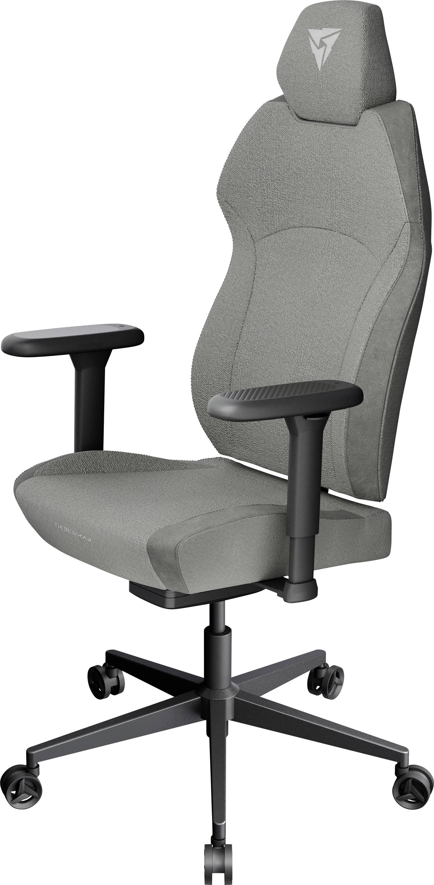 Ein grauer ergonomischer Bürostuhl mit verstellbaren Armlehnen und Rollen, der entwickelt wurde, um Lendenwirbelstütze und Komfort für lange Arbeitsstunden zu bieten.