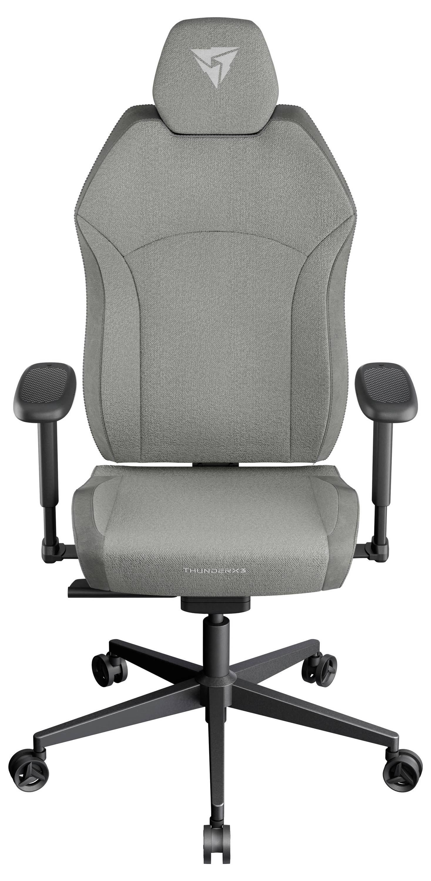 Ein grauer ergonomischer Bürostuhl mit verstellbaren Armlehnen, gepolstertem Sitz und hoher Rückenlehne auf einem Rollen-Gestell.