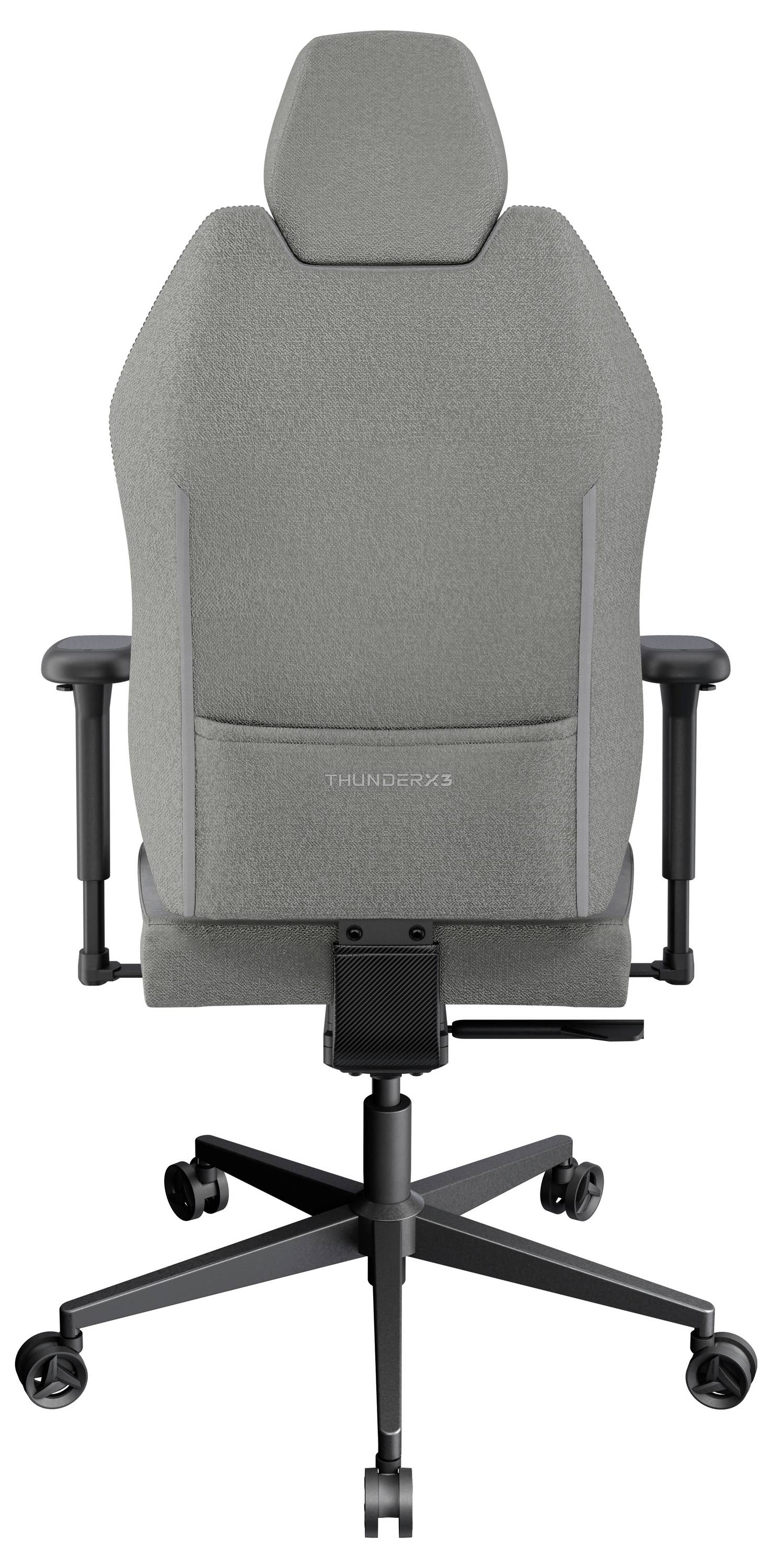 Ein grauer ergonomischer Bürostuhl mit verstellbaren Armlehnen und hoher Rückenlehne, geeignet für Gaming oder Büroarbeit.