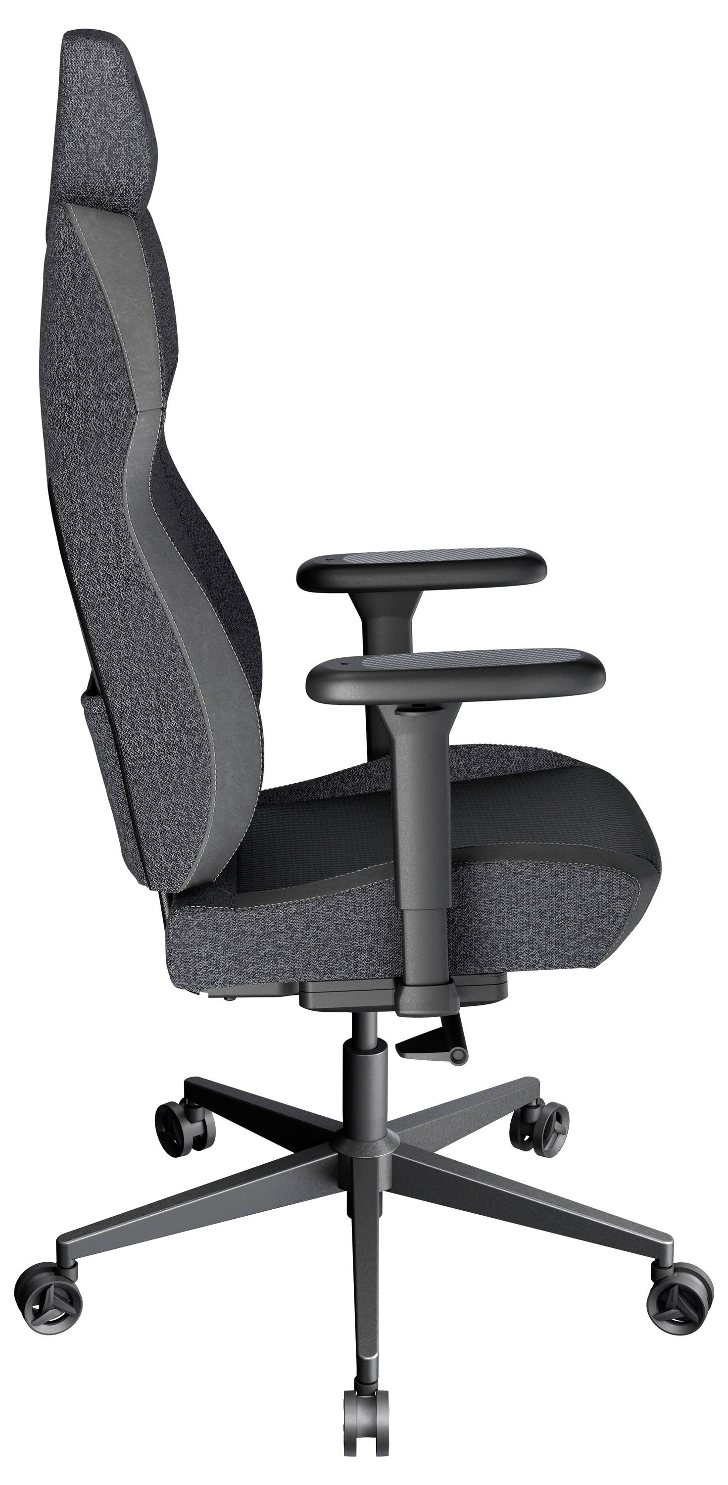 Ergonomischer Bürostuhl in grauem Stoff mit verstellbaren Armlehnen, hoher Rückenlehne und Drehgestell auf Rollen, von der Seite betrachtet.