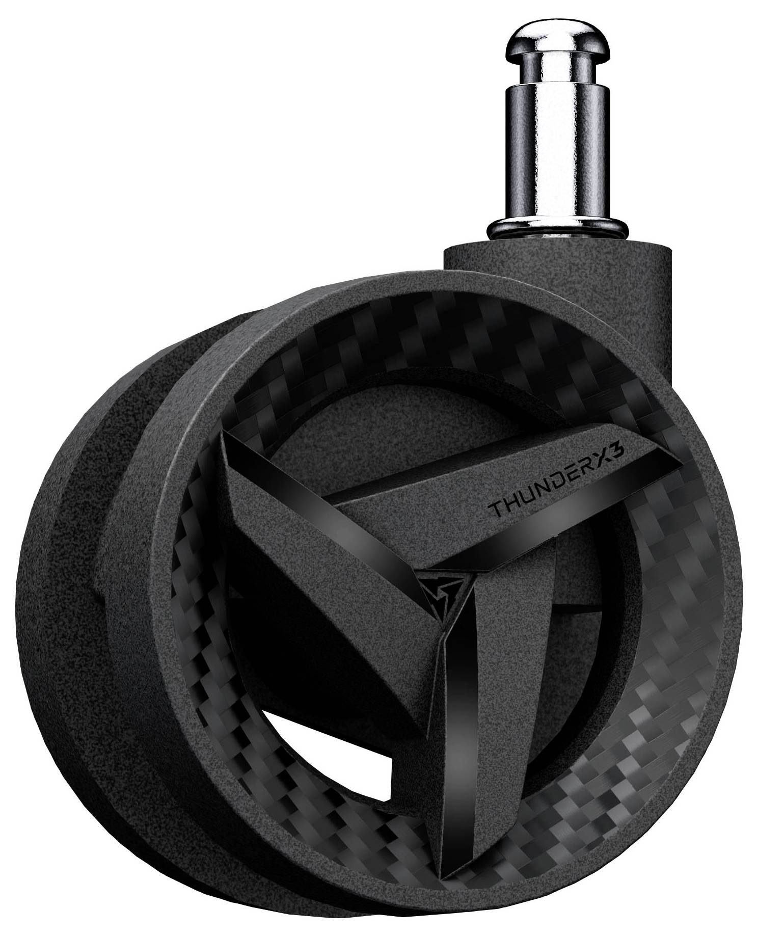 Schwarzes Lenkrad mit 'ThunderX3' Schriftzug, mit elegantem Design und metallenem Schaft, typischerweise verwendet für Gaming-Stühle oder Büromöbel.