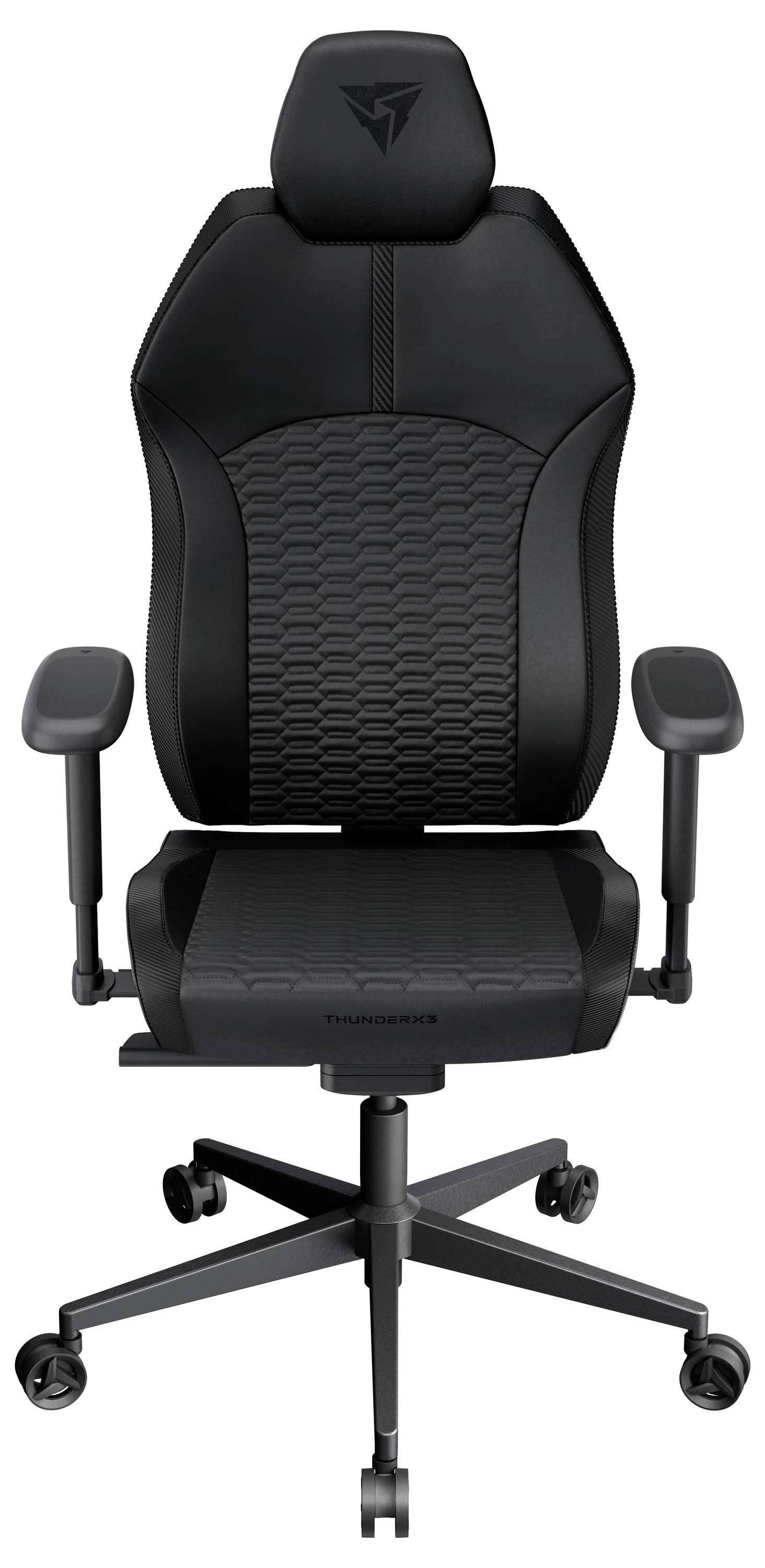 Ein schwarzer ergonomischer Bürostuhl mit verstellbaren Armlehnen, hoher Rückenlehne und Laufrollen, der auf Komfort und Unterstützung ausgelegt ist.