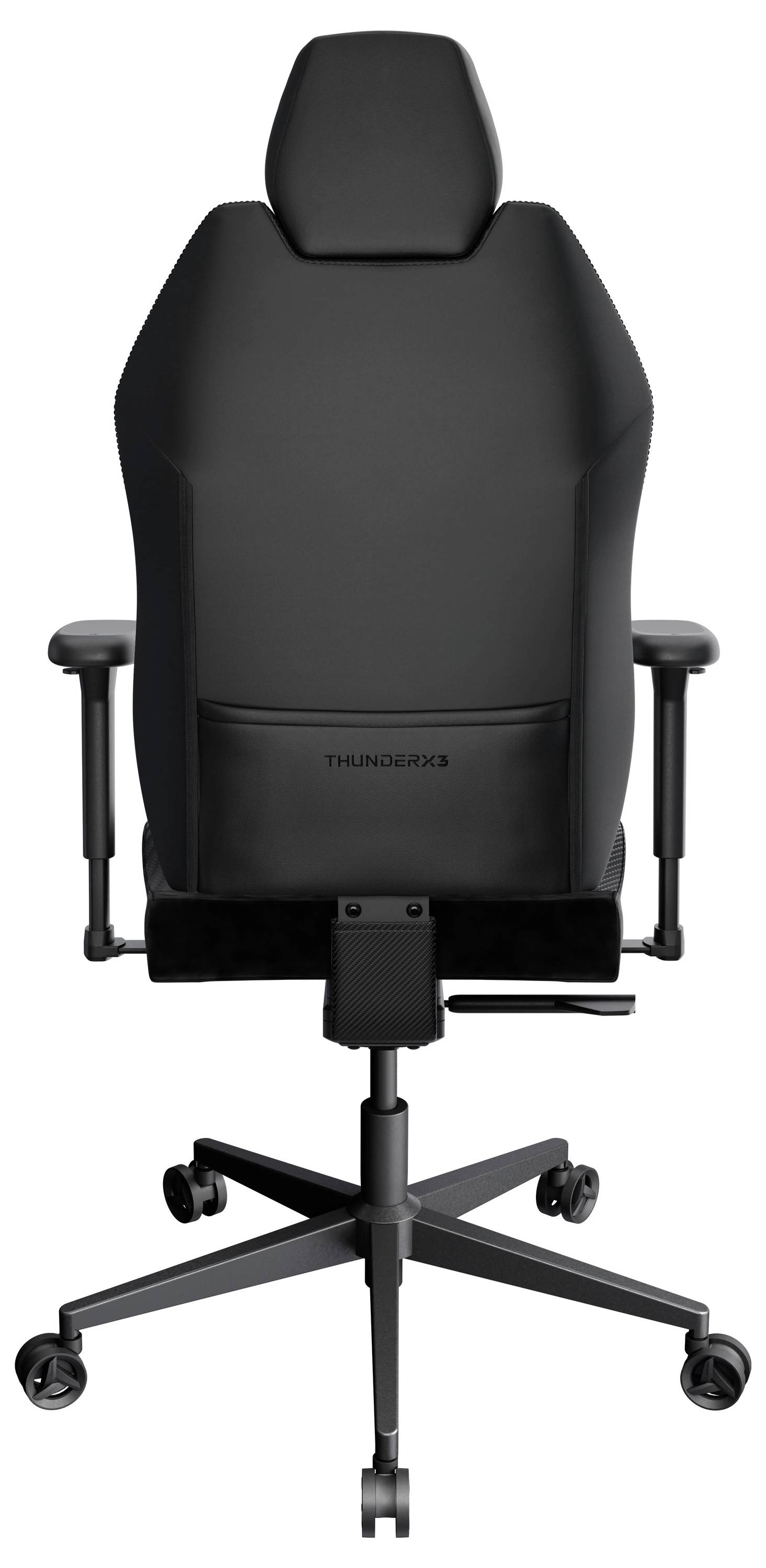 Ein schwarzer ergonomischer Bürostuhl mit verstellbaren Armlehnen und hoher Rückenlehne auf einer Drehbasis mit Rollen, von hinten betrachtet.