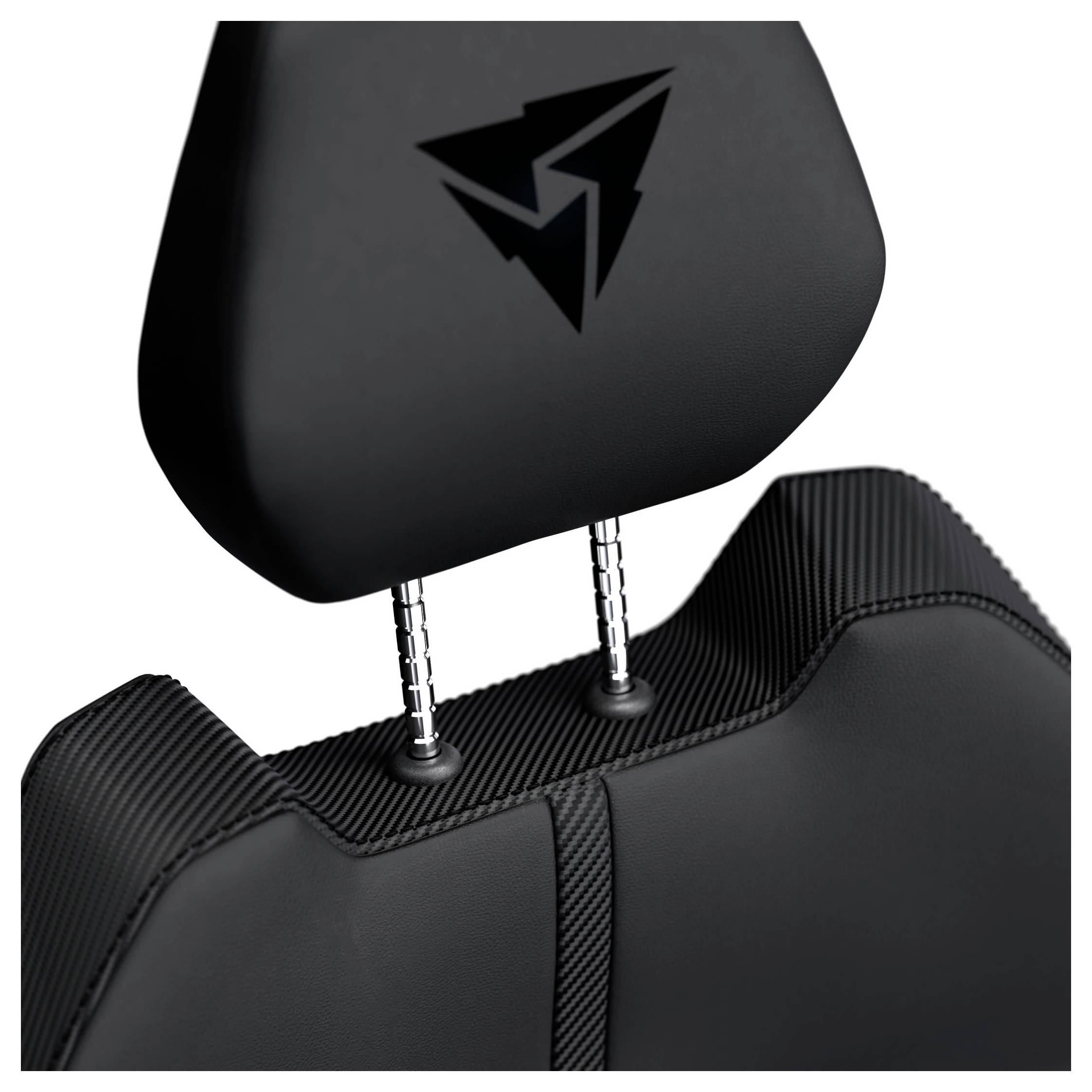 Eine schwarze Stuhlkopfstütze mit einem Dreieckslogo und verstellbaren Chromstäben.