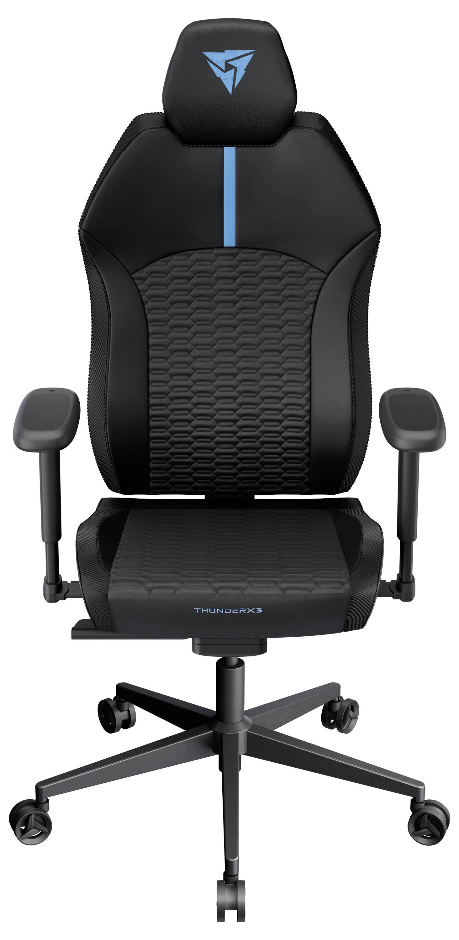 Ein schwarzer ergonomischer Gaming-Stuhl mit hoher Rückenlehne, blauen Akzenten, verstellbaren Armlehnen und Rollen, der für Komfort konzipiert ist.