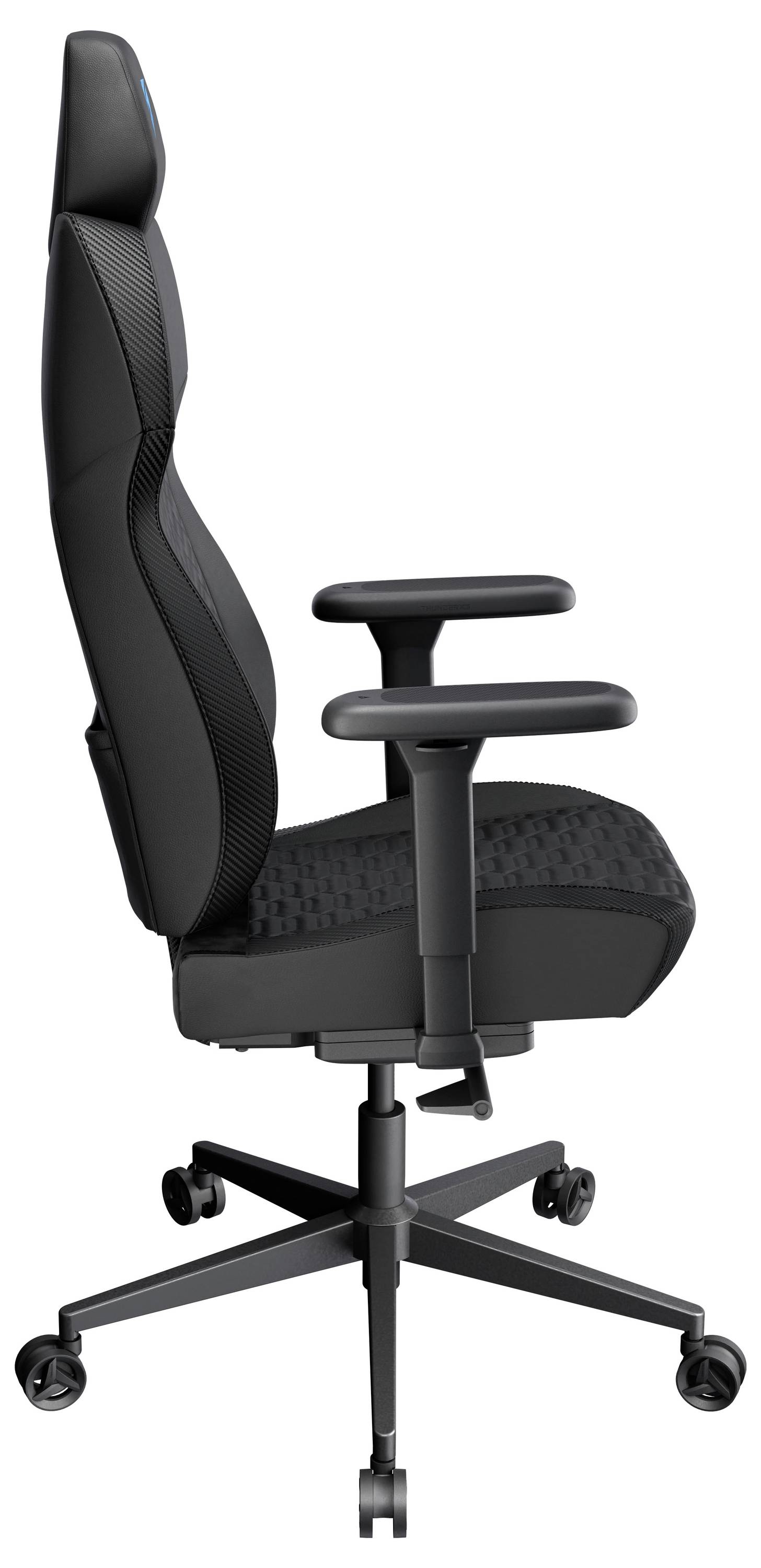 Ergonomischer Bürostuhl mit verstellbaren Armlehnen und Lendenwirbelstütze in Seitenansicht, mit Rollen und hoher Rückenlehne für Komfort.