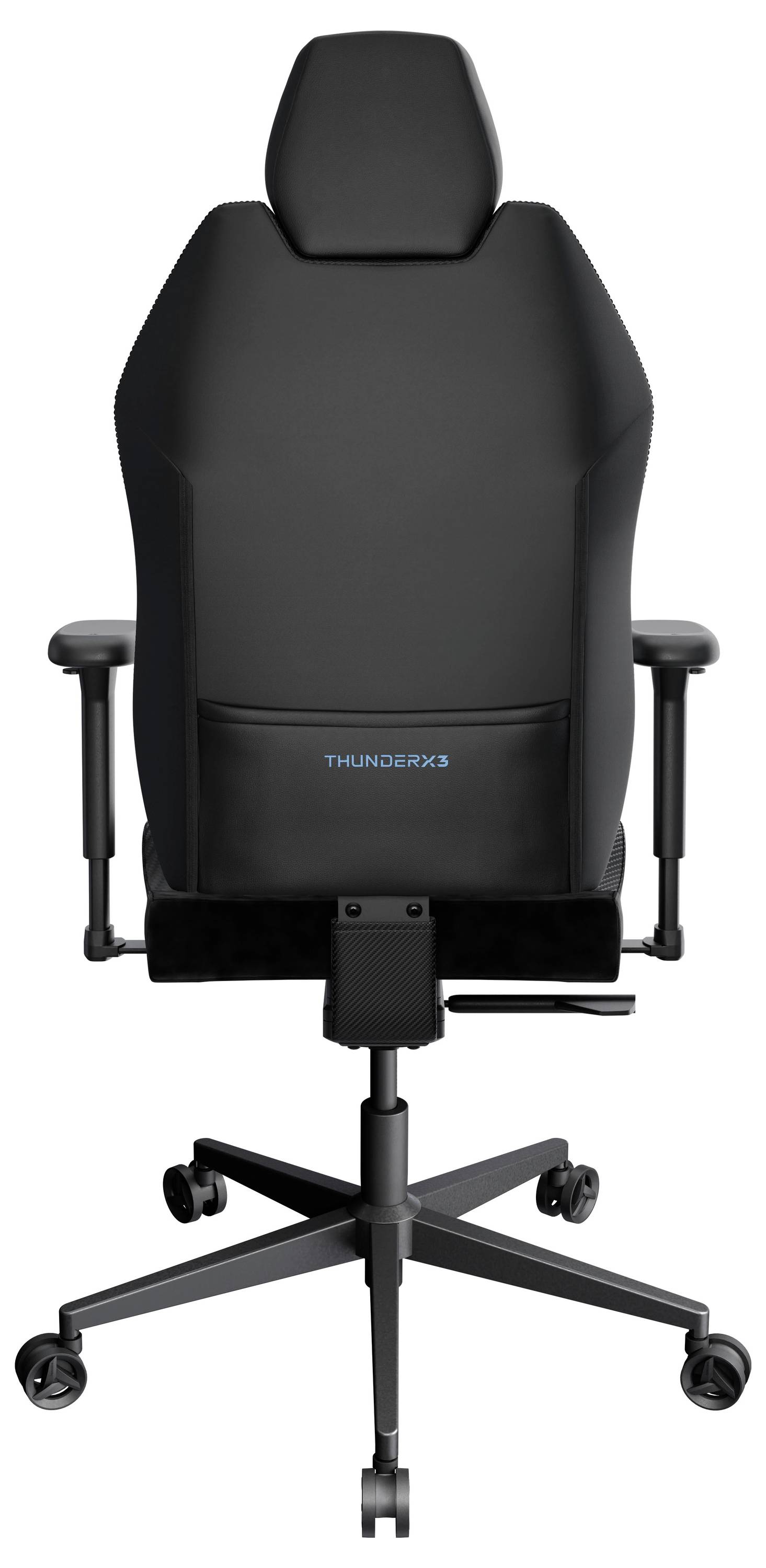 Schwarzer ergonomischer Gaming-Stuhl mit verstellbaren Armlehnen, Kopfstütze und Lendenwirbelstütze, von hinten betrachtet.