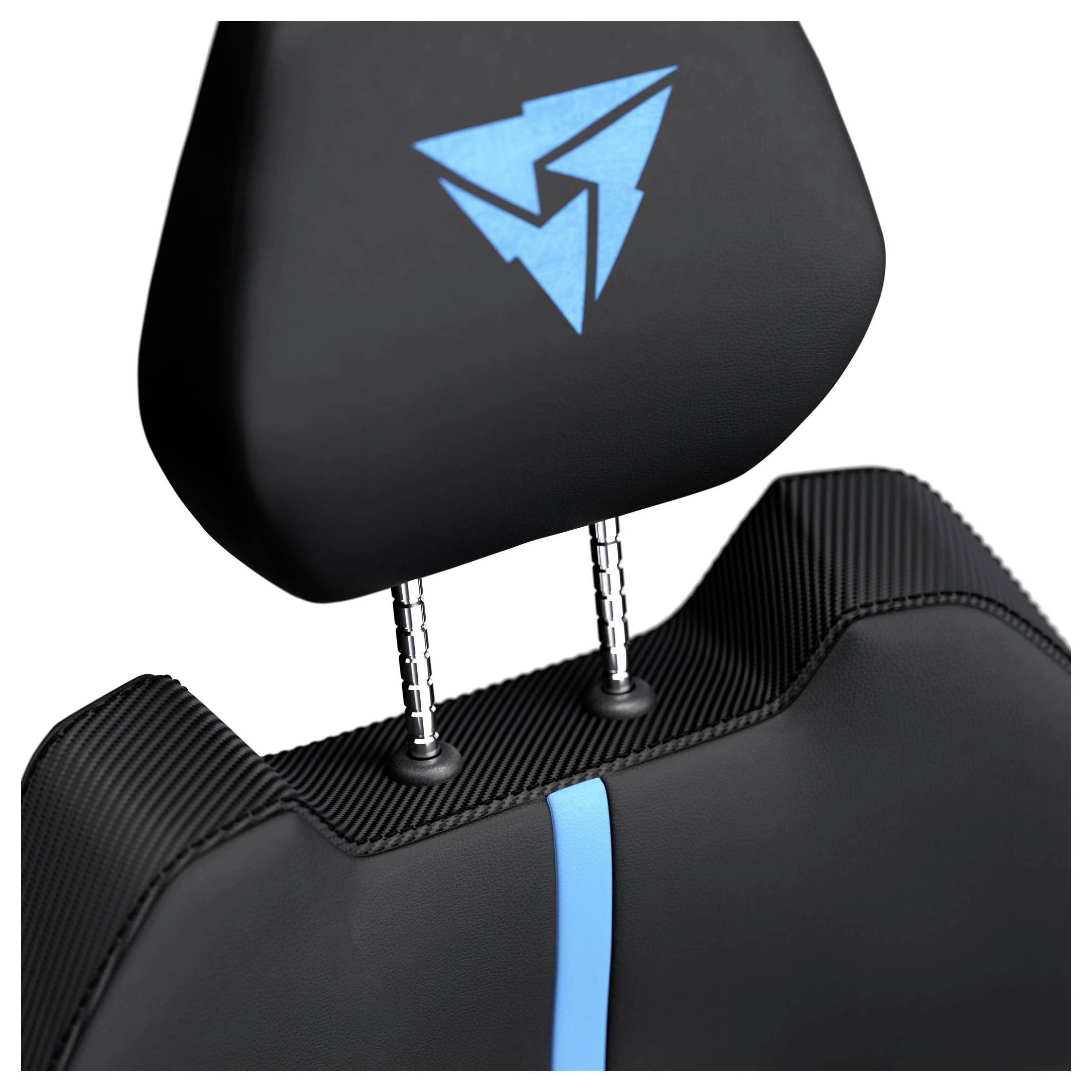 Ein schwarzer Stuhl mit einem blauen Blitzbolzen-Logo auf der Kopfstütze und blauen Zierstreifen, ausgestattet mit verstellbaren Kopfstützenstreben.