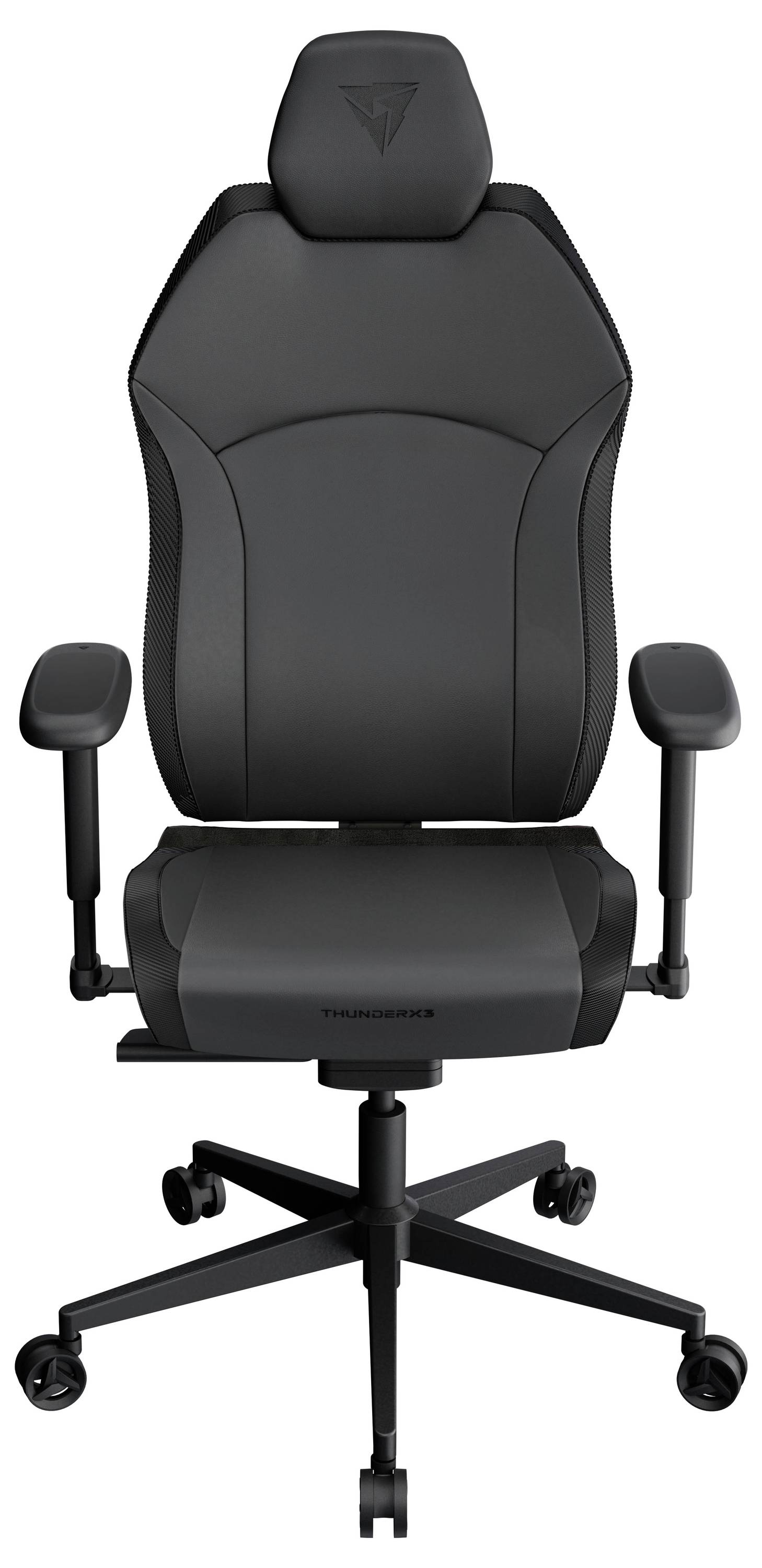 Ein schwarzer ergonomischer Bürostuhl mit Armlehnen, verstellbarer Sitzhöhe und hoher Rückenlehne auf Rollen, entwickelt für Komfort und Unterstützung.