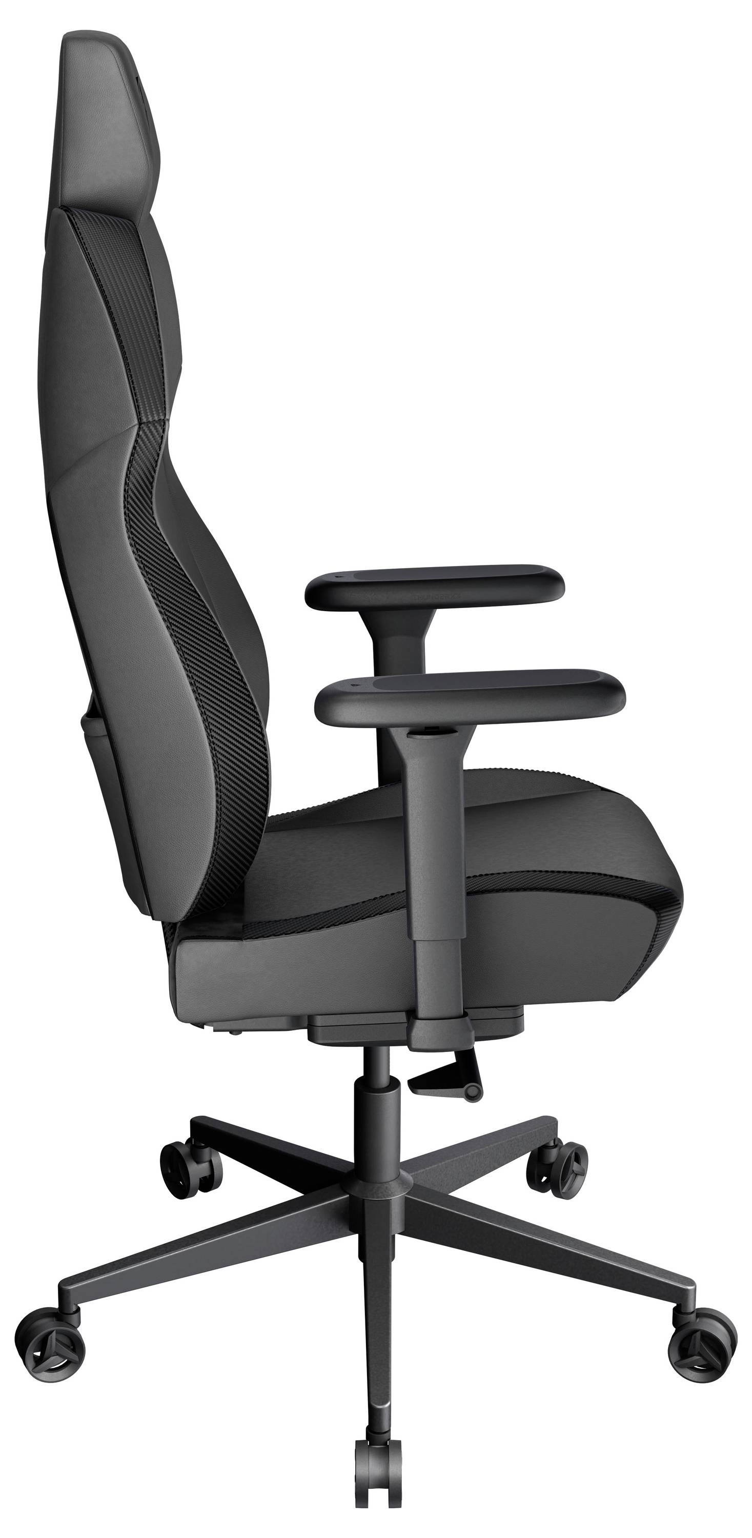 Ergonomischer schwarzer Bürostuhl mit hoher Rückenlehne, verstellbaren Armlehnen und Rollen, von der Seite betrachtet.