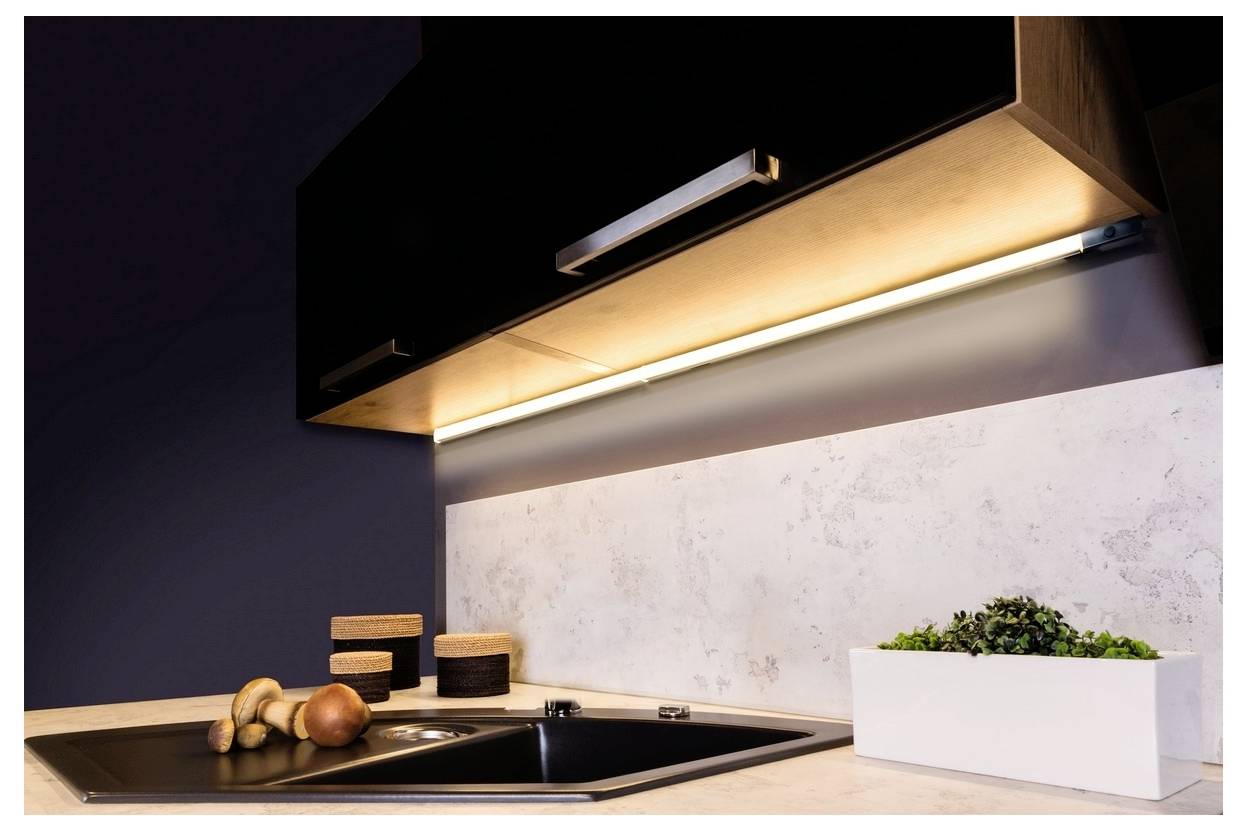 Eine moderne Küchenarbeitsplatte mit einem Waschbecken aus Edelstahl und Unterbaubeleuchtung. Drei Pilze und ein weißer Blumentopf stehen auf der Arbeitsplatte.