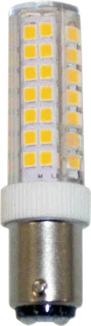 Eine kompakte, zylindrische LED-Glühbirne mit einer Metallbasis und mehreren kleinen, gelben quadratischen LEDs, die in einer transparenten Hülle eingebettet sind.