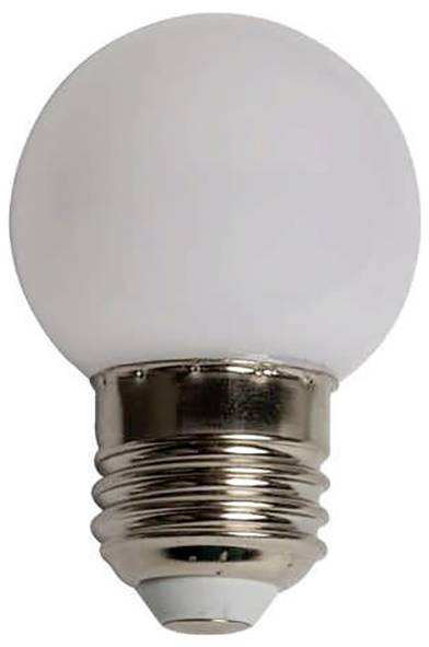 Eine kleine, runde Glühbirne mit metallenem Schraubsockel.