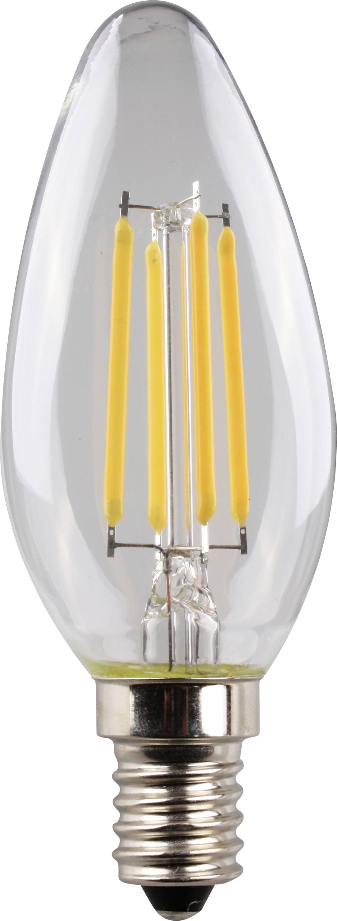 Eine klare LED-Glühbirne mit sichtbaren Filamenten, ausgestattet mit einer silbernen Schraubfassung, die üblicherweise für dekorative Beleuchtungskörper verwendet wird.