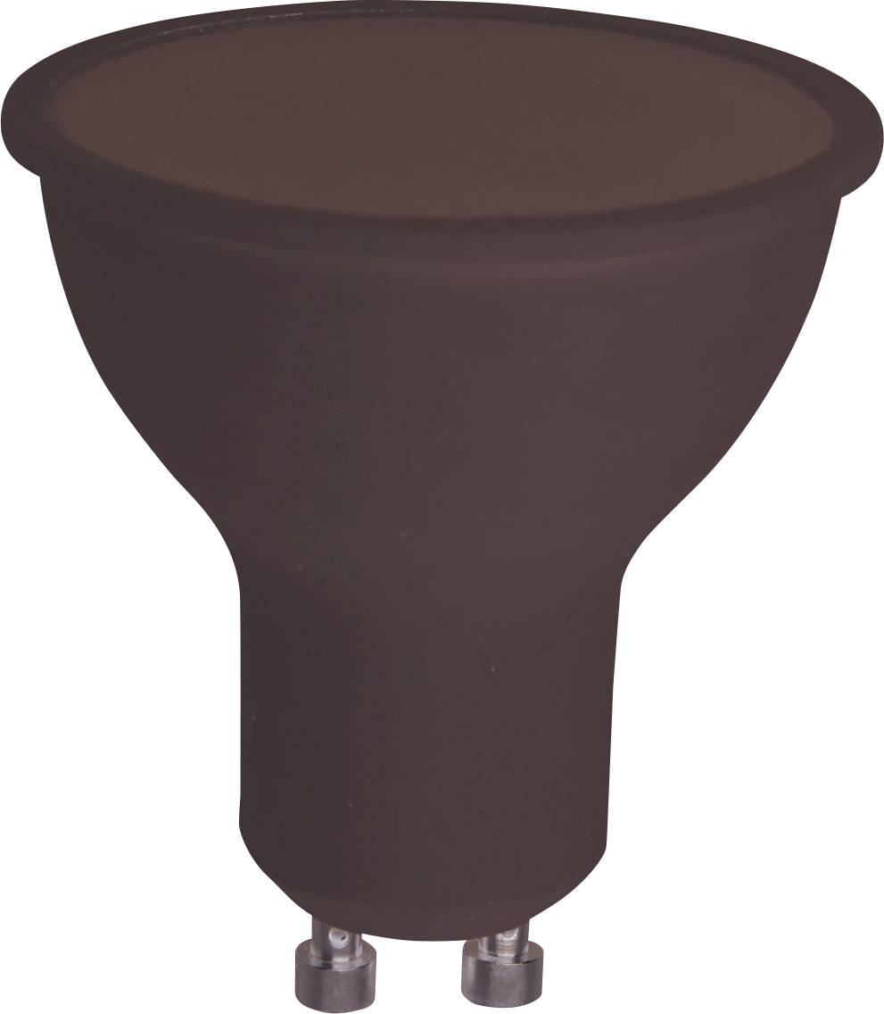 Eine dunkelbraune Glühbirne, geformt ähnlich einem Scheinwerfer, mit einer flachen Oberseite und zwei Metallstiften an der Basis.