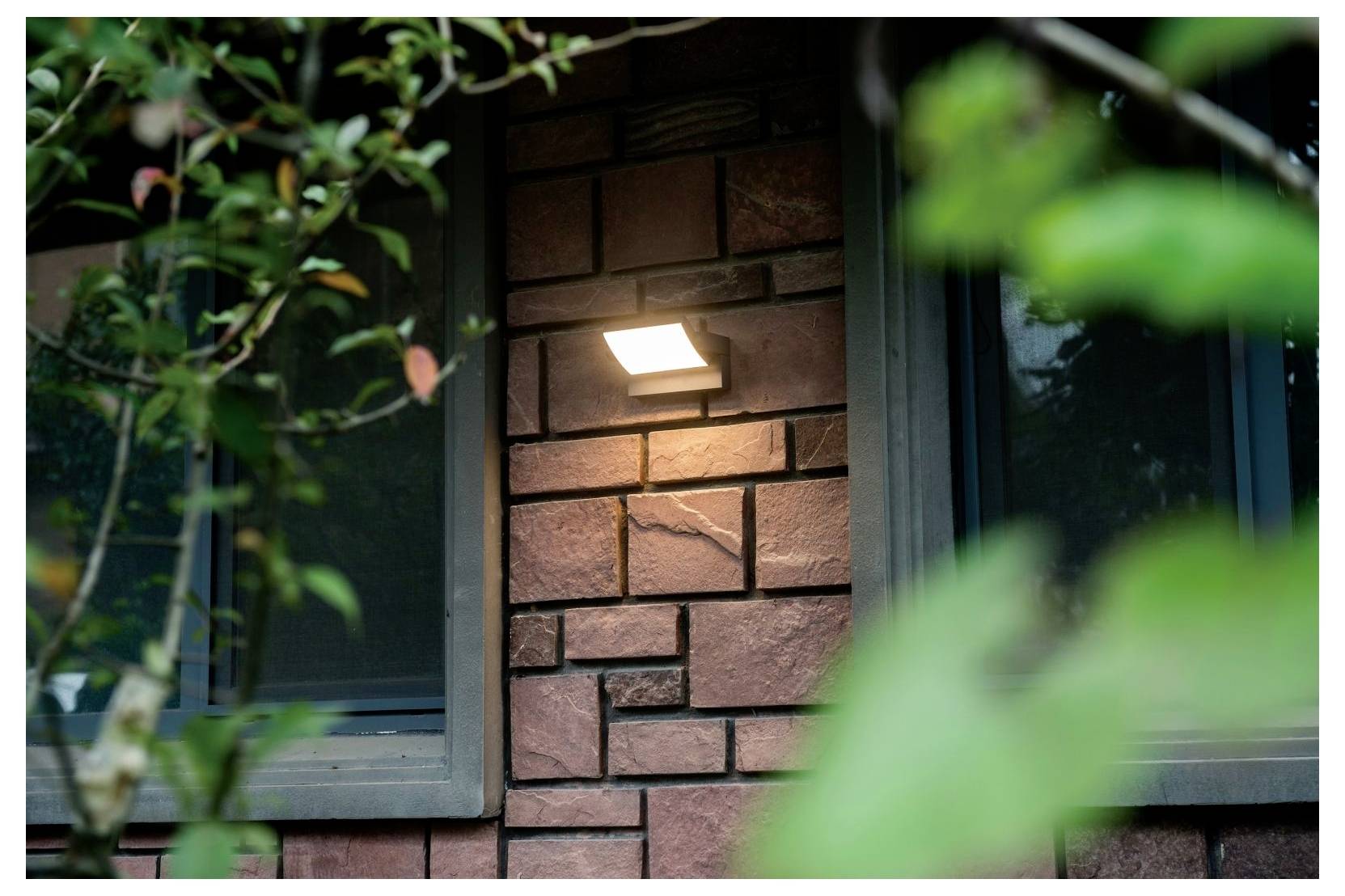 Eine an der Wand befestigte Lampe beleuchtet eine Ziegelwand neben zwei Fenstern, wobei grünes Laub im Vordergrund zu sehen ist.