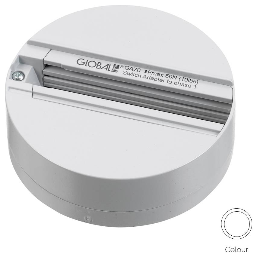 Runde weiße elektrische Komponente mit einer Schraube und dem Text 'GLOBAL GA70 Ifmax 50N (10lbs) Schaltadapter für Phase 1'.