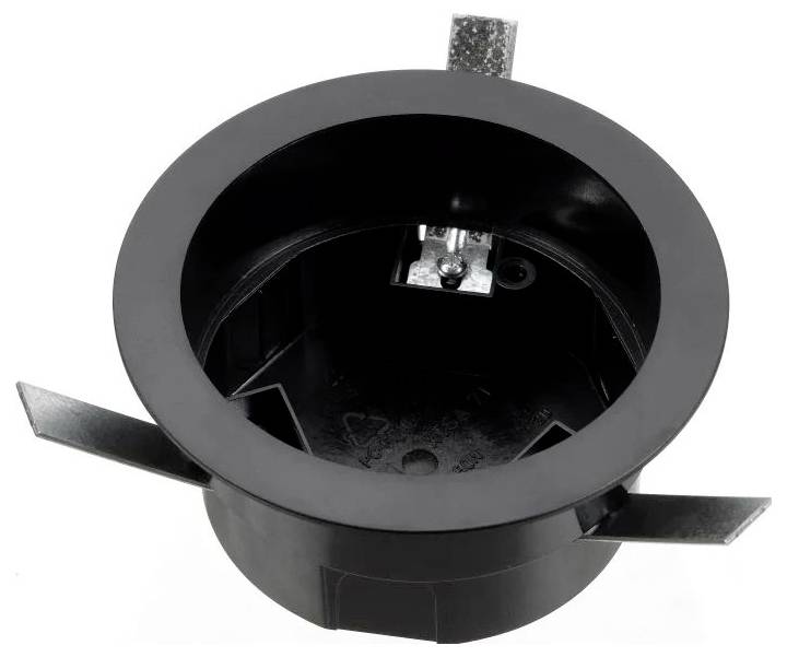 Eine runde schwarze Einbau-Deckenleuchte mit zwei metallischen Federklemmen an den Seiten, die zur Befestigung an der Decke verwendet wird.