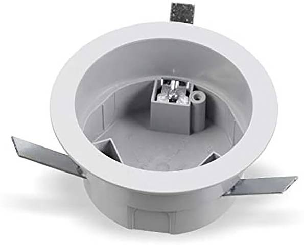 Eine runde graue Elektroverteilerdose aus Kunststoff mit Metallhalterungen, die zur Installation in Decken oder Wänden konzipiert ist.