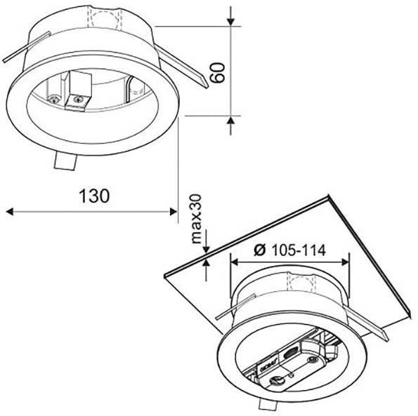 Diagramm einer runden eingelassenen Deckenleuchte, die einen Durchmesser von 130 mm, eine Tiefe von 60 mm und eine Einbauöffnung von 105-114 mm zeigt.